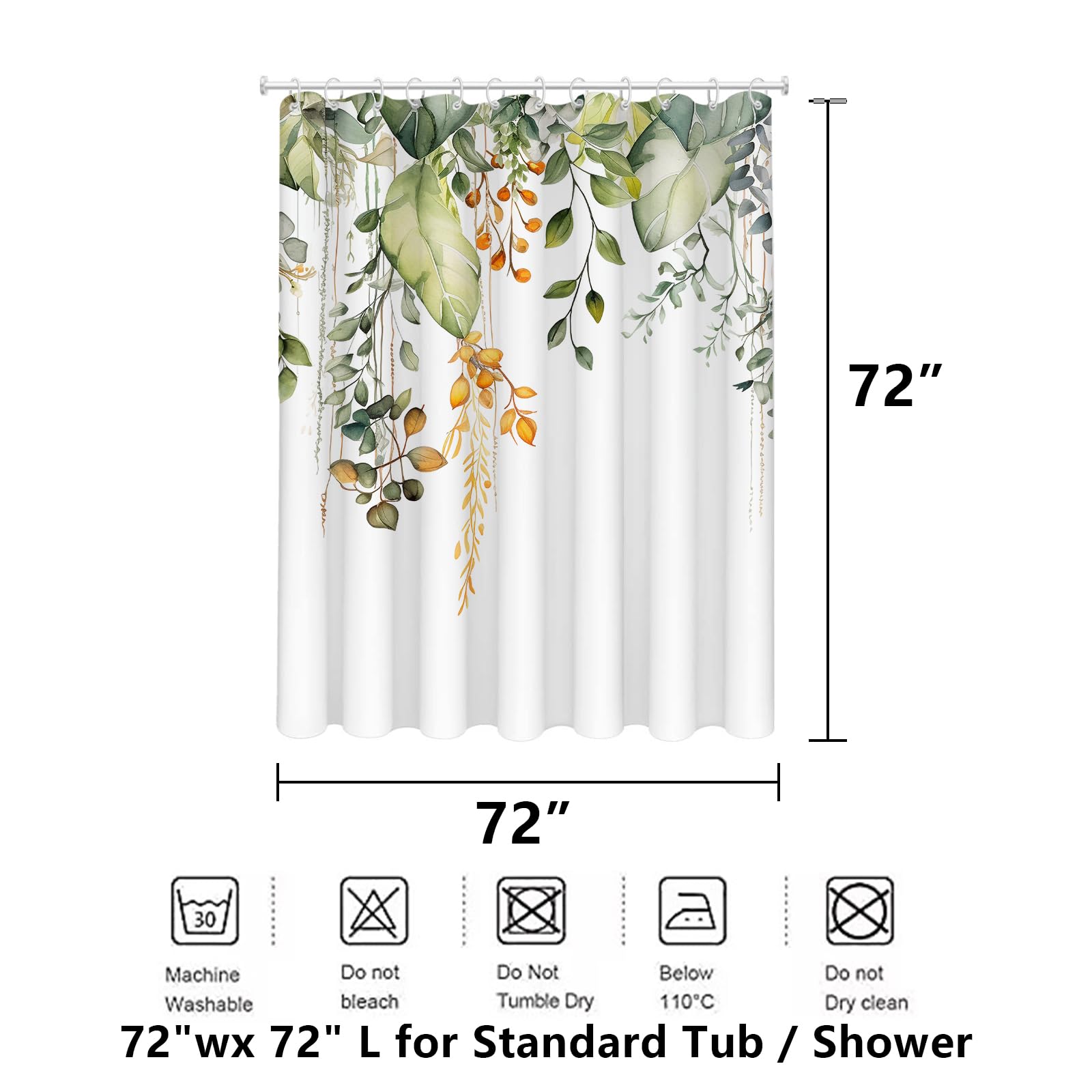 Hellmei Green Eucalyptus Shower Curtains For Bathroom Watercolor Natural Plant Flower Leaves Shower Curtain Waterproof Fabric Ba