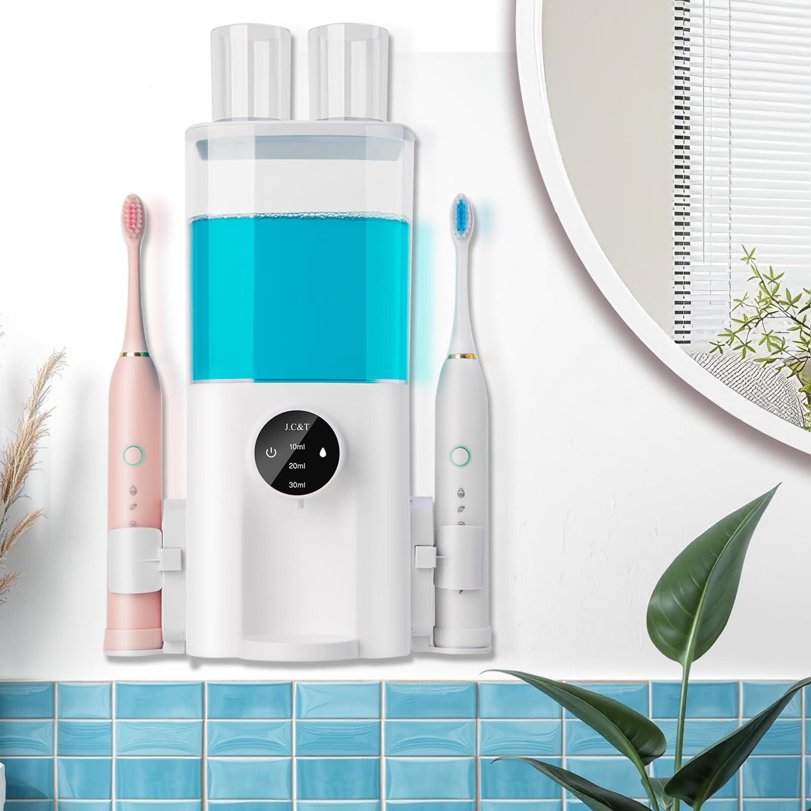 J.C&T Automatic Mouthwash Dispenser For Bathroom,21.98 Floz (650Ml) Dispensers With Magnetic Cups,Toothbrush Holders Wall Mounte