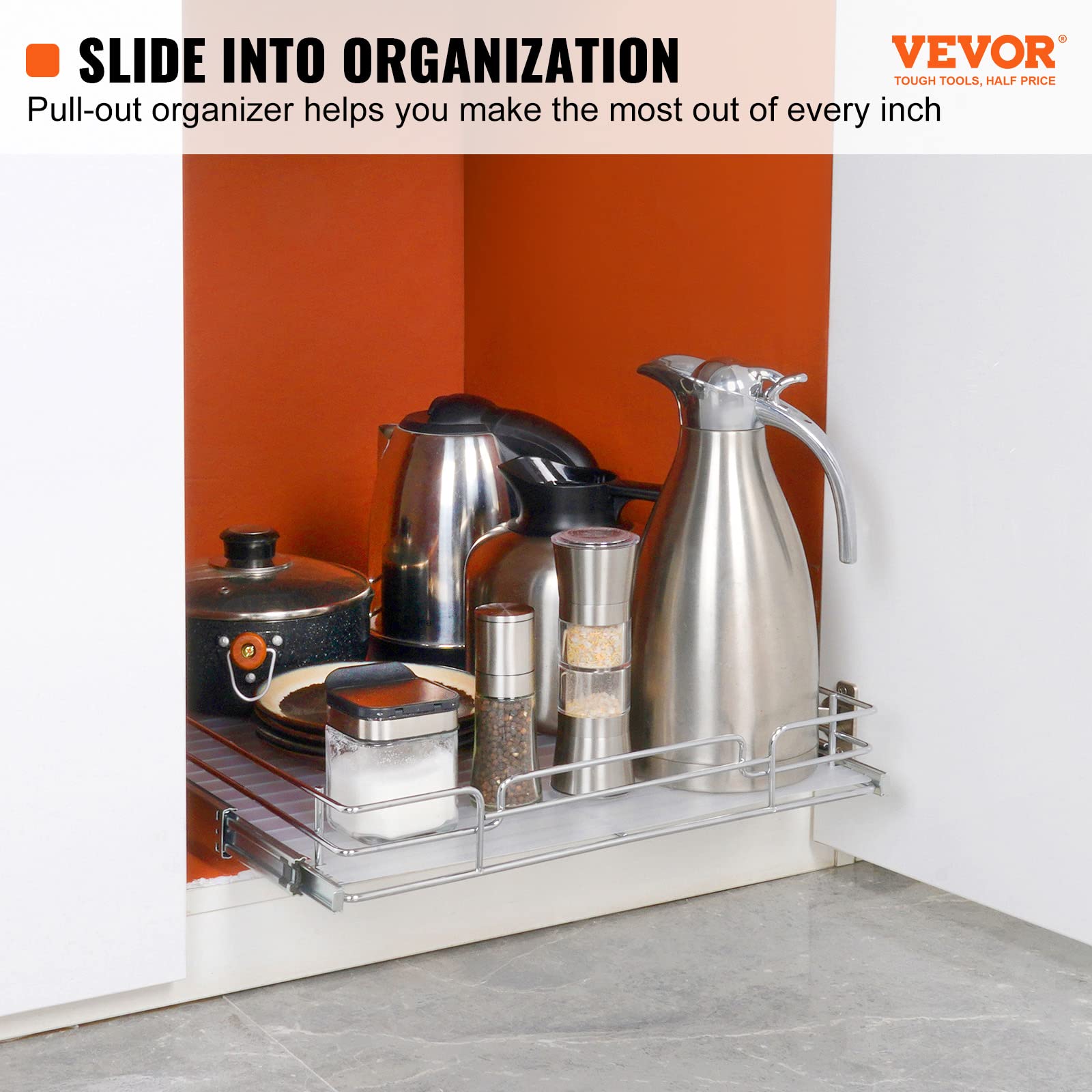 VEVOR Pull Out Cabinet Organizer, Heavy Duty Chrome-Plated Steel, 14"W x 21"D, Ideal for Pantry, Bathroom, Under Sink Storage
