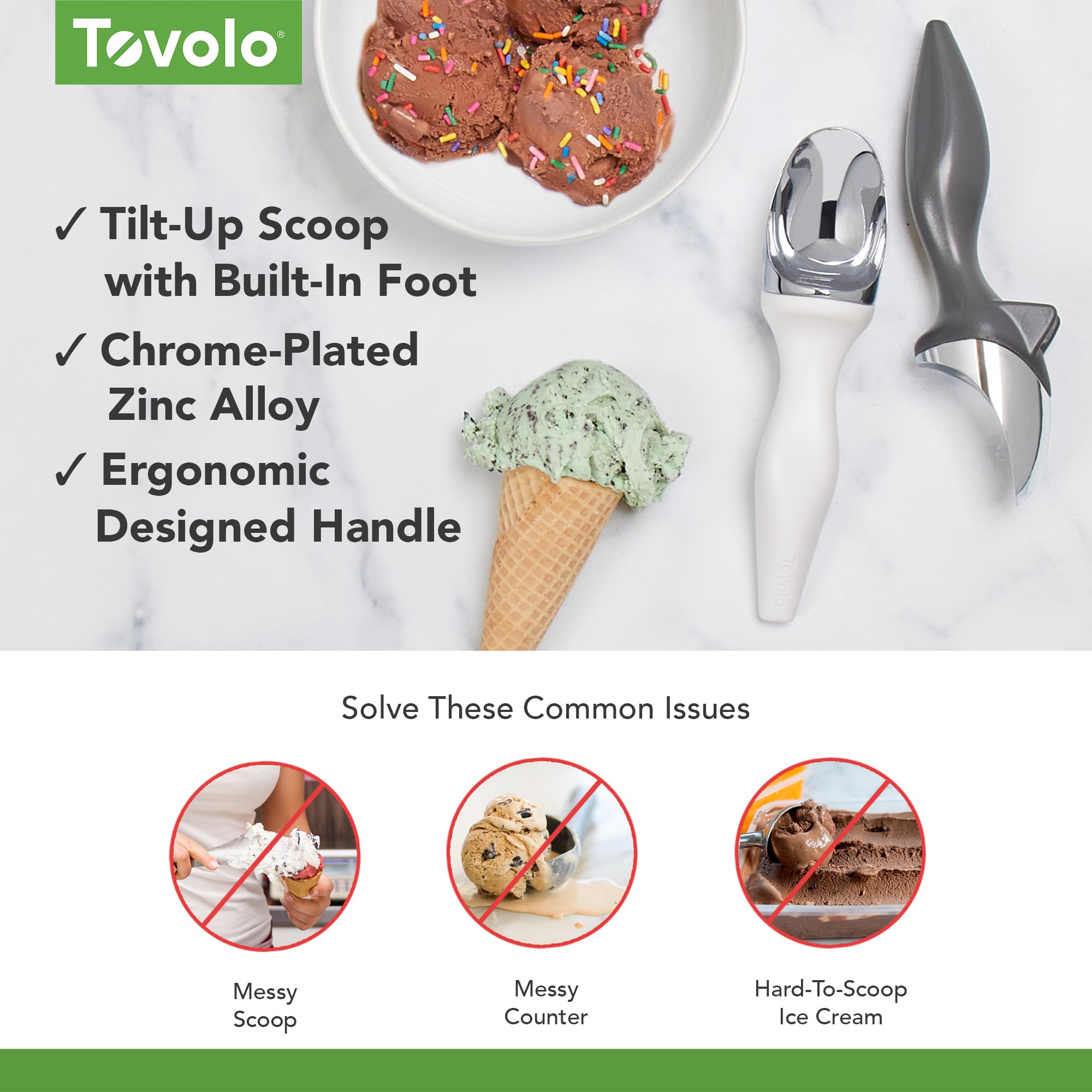 Tovolo Tilt-Up Ice Cream Scoop - White Plastic Non-Slip Grip, Dishwasher Safe, Model 80-5217, Ideal for Gelato & Sorbet