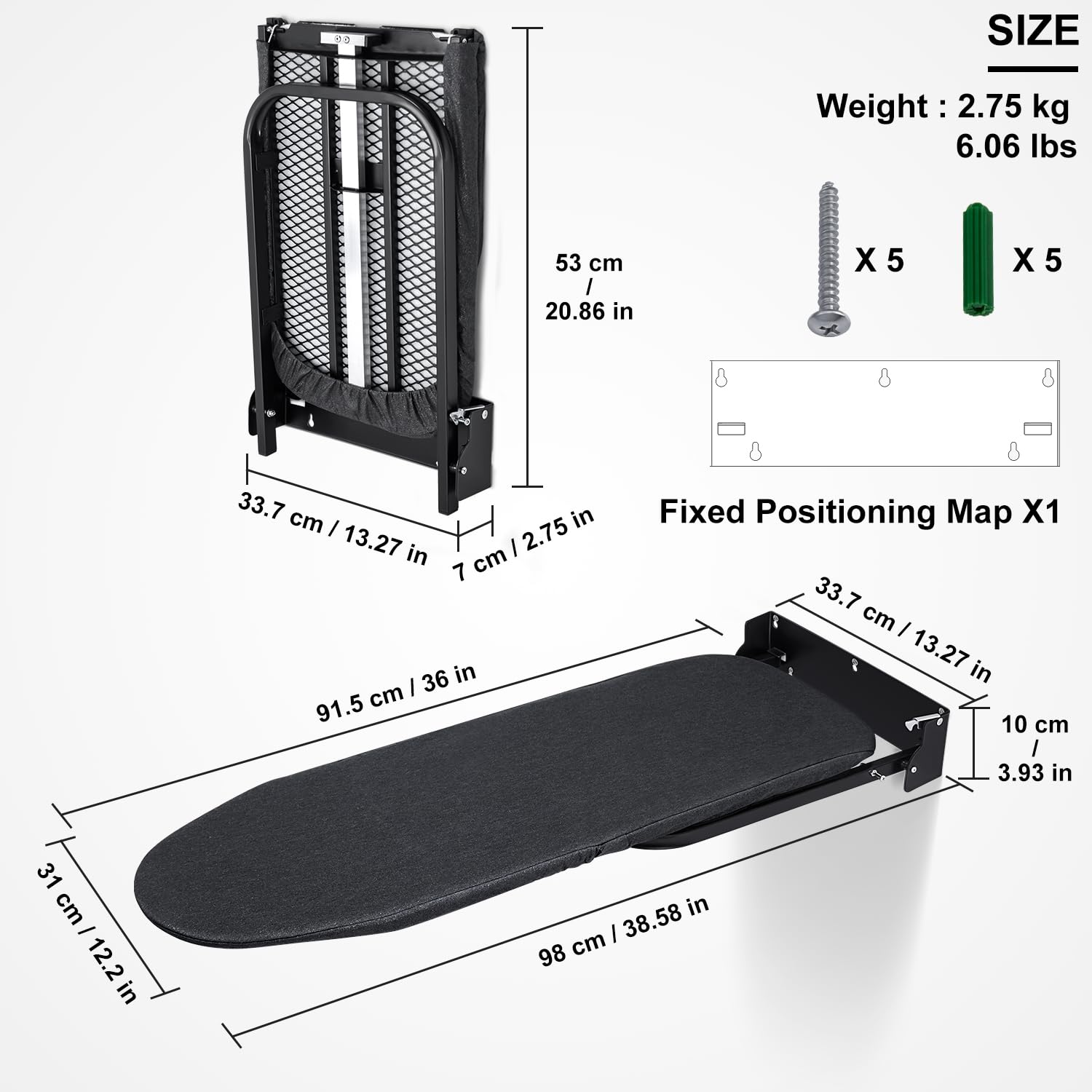 Duwee 12''?36'' Wall Mounted Ironing Board Folding Ironing Board Cabinet with Heat Resistant Cover Compact Wall Mount Fold Down Iron Board for Small Spaces