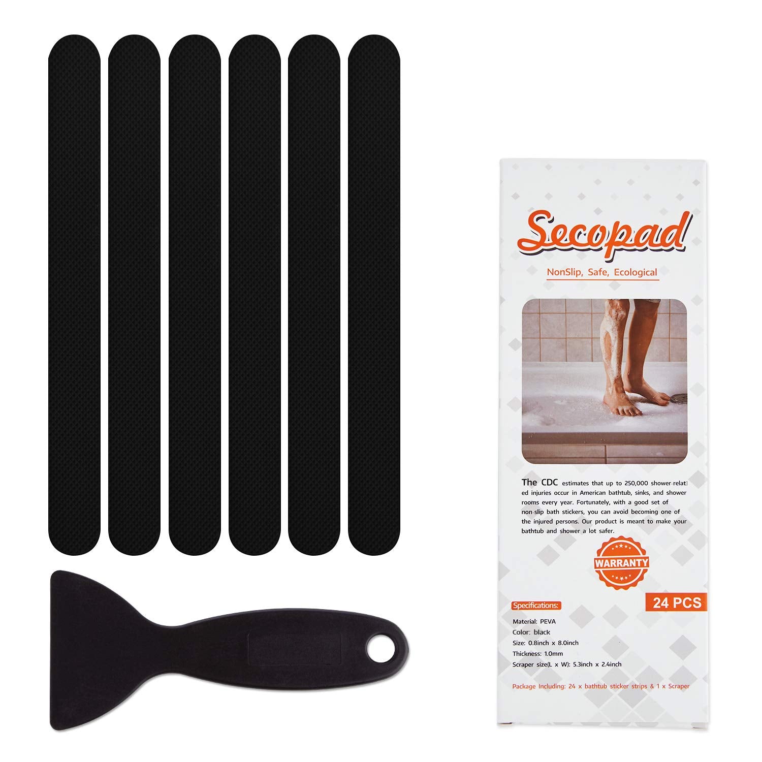 Secopad Non-Slip Bathtub Stickers 24 Pcs Safety Bathroom Tubs Showers Treads Adhesive Decals Scraper (Black)