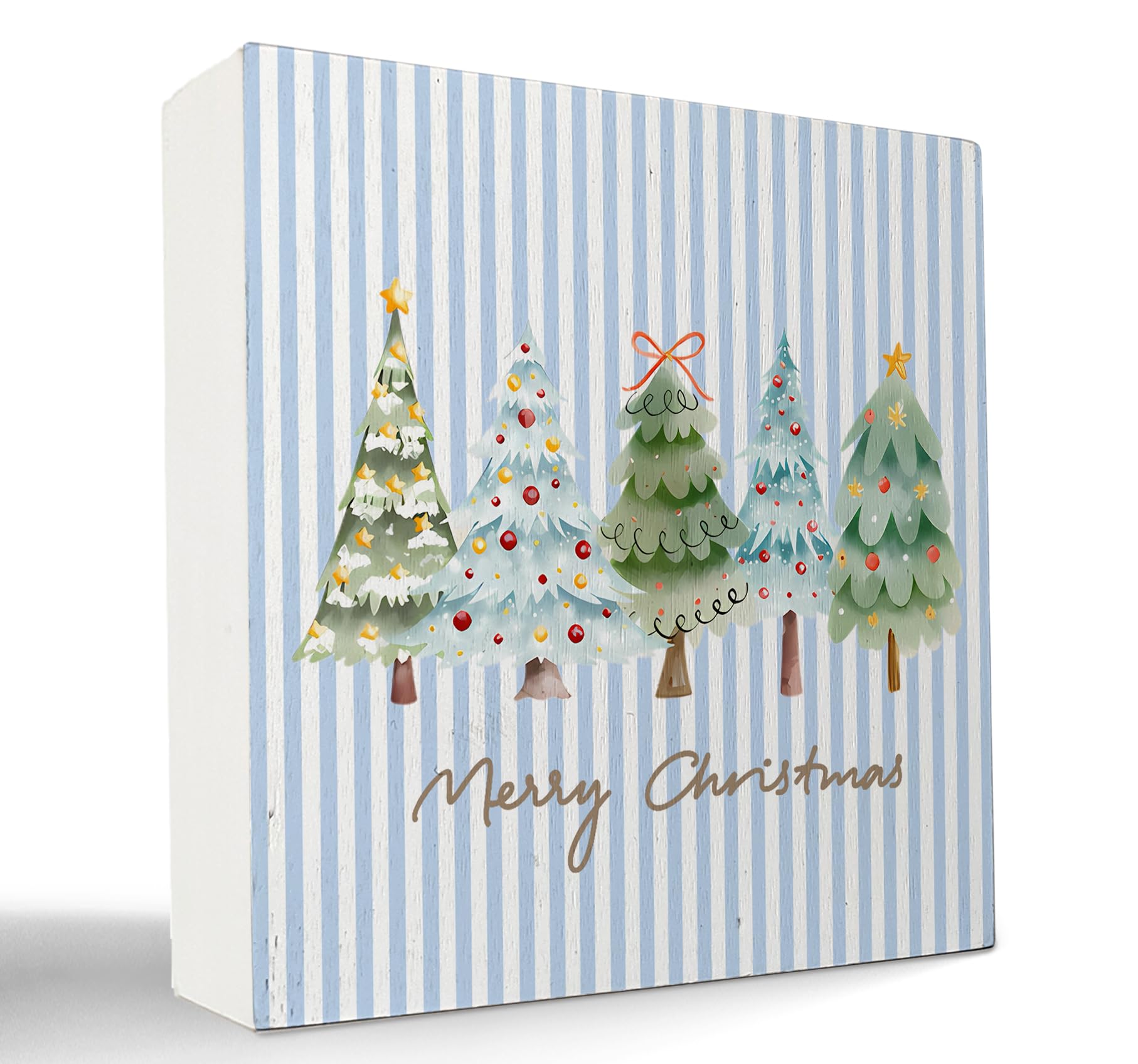 kunlisa Christmas Tree Wooden Sign, Christmas Desk Decor, Farmhouse Watercolor Xmas Tree Holiday Wood Box Sign for Home Office D