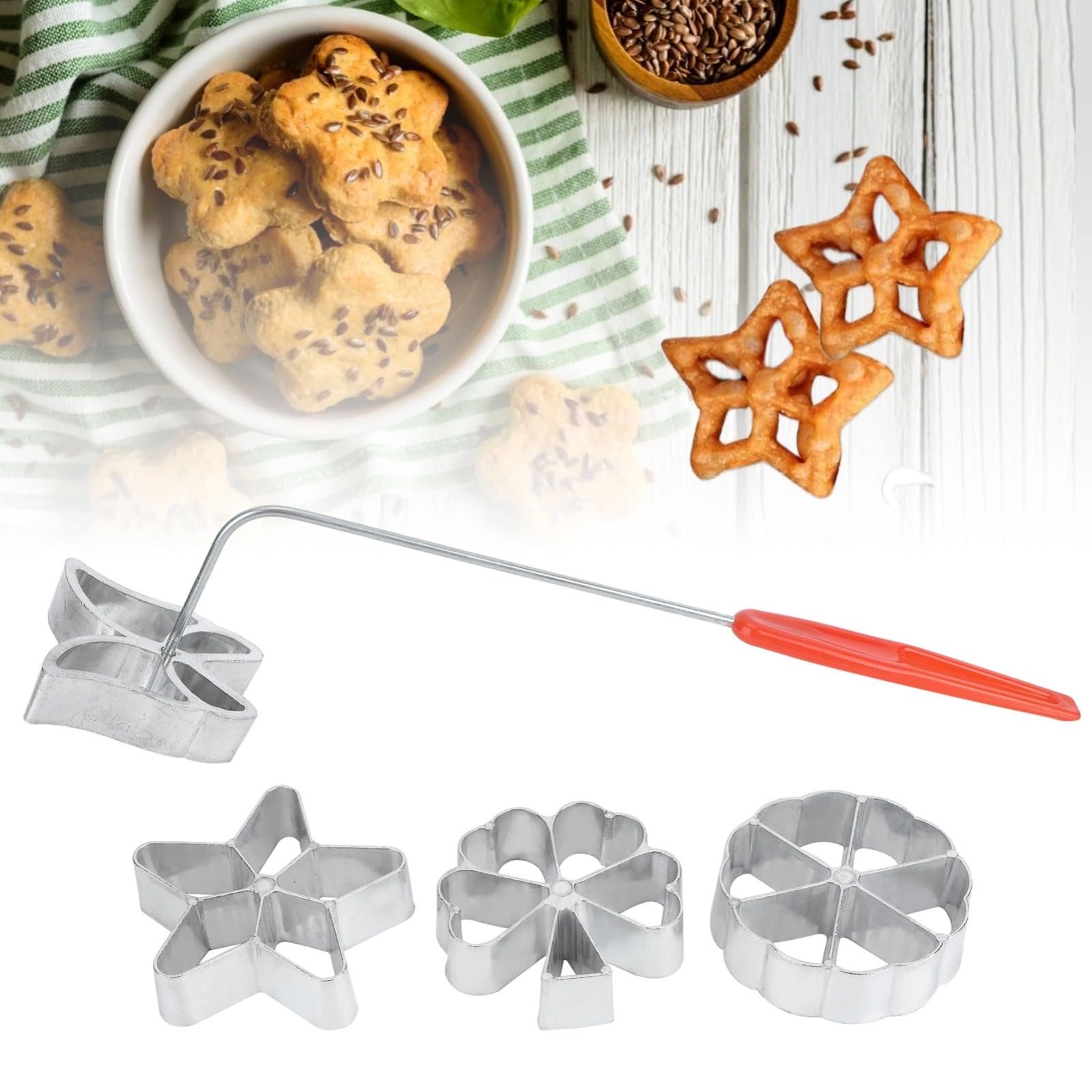 Rosette Iron Set, 4 Shapes Waffle Mold Set, Bunuelos Mold with Handle