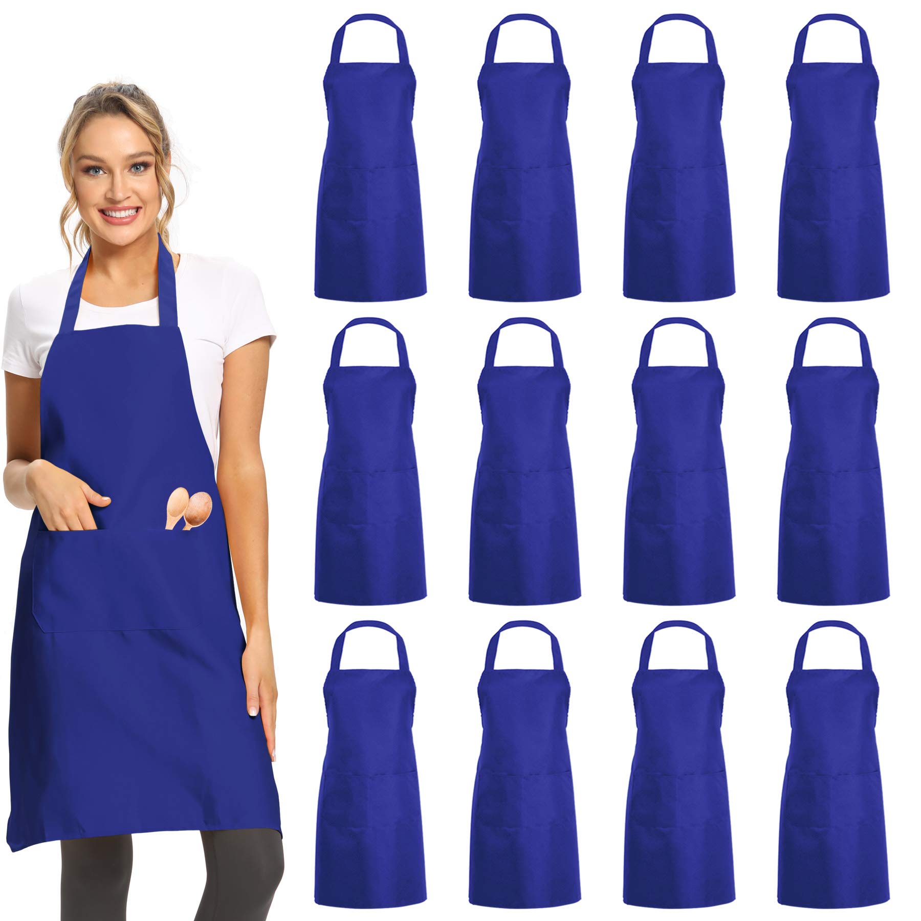 Duskcove 12 Pack Plain Bib Aprons With 2 Pockets - Blue Unisex Commercial Apron Bulk For Kitchen Cooking Restaurant Bbq Painting