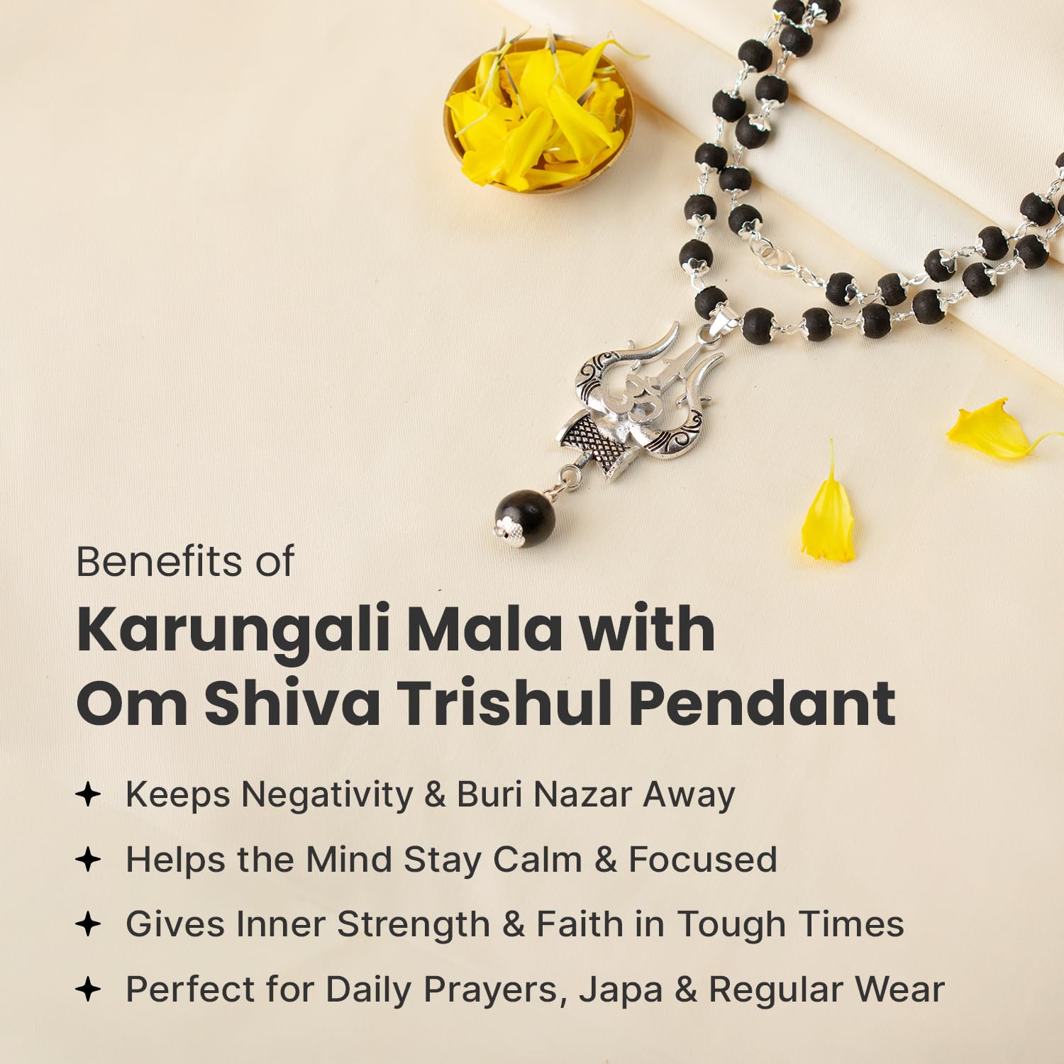 7Mm Karungali Mala With Om Brass Pendant