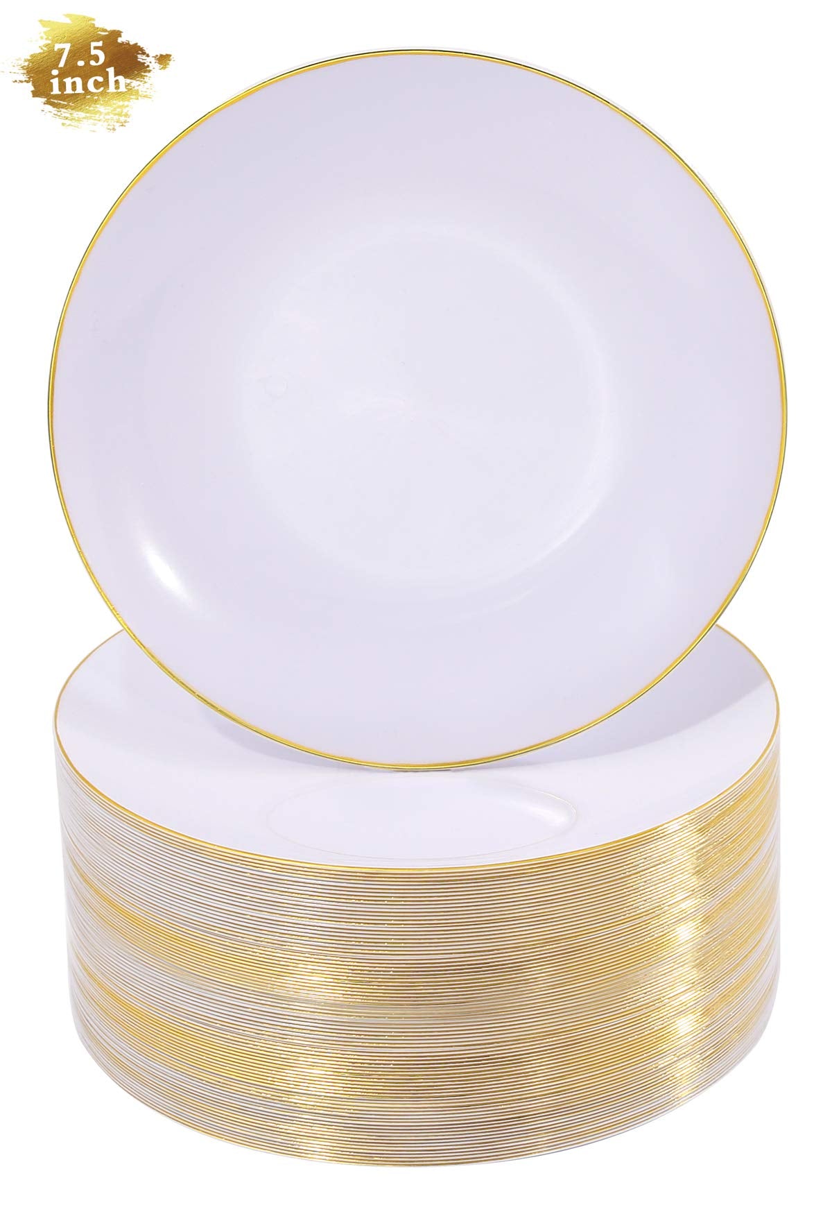 Nervure 100Pieces White With Gold Rim Plastic Plates - 7.5Inch Disposable Gold Salad/Dessert Plates - White And Gold Plastic Pla