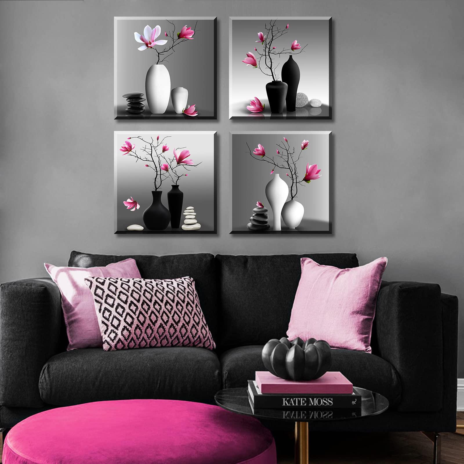DJSYLIFE Zen Flowers Canvas Wall Art - Black & White Bathroom Decor, 12"x12", CK-ZenFL-01-1