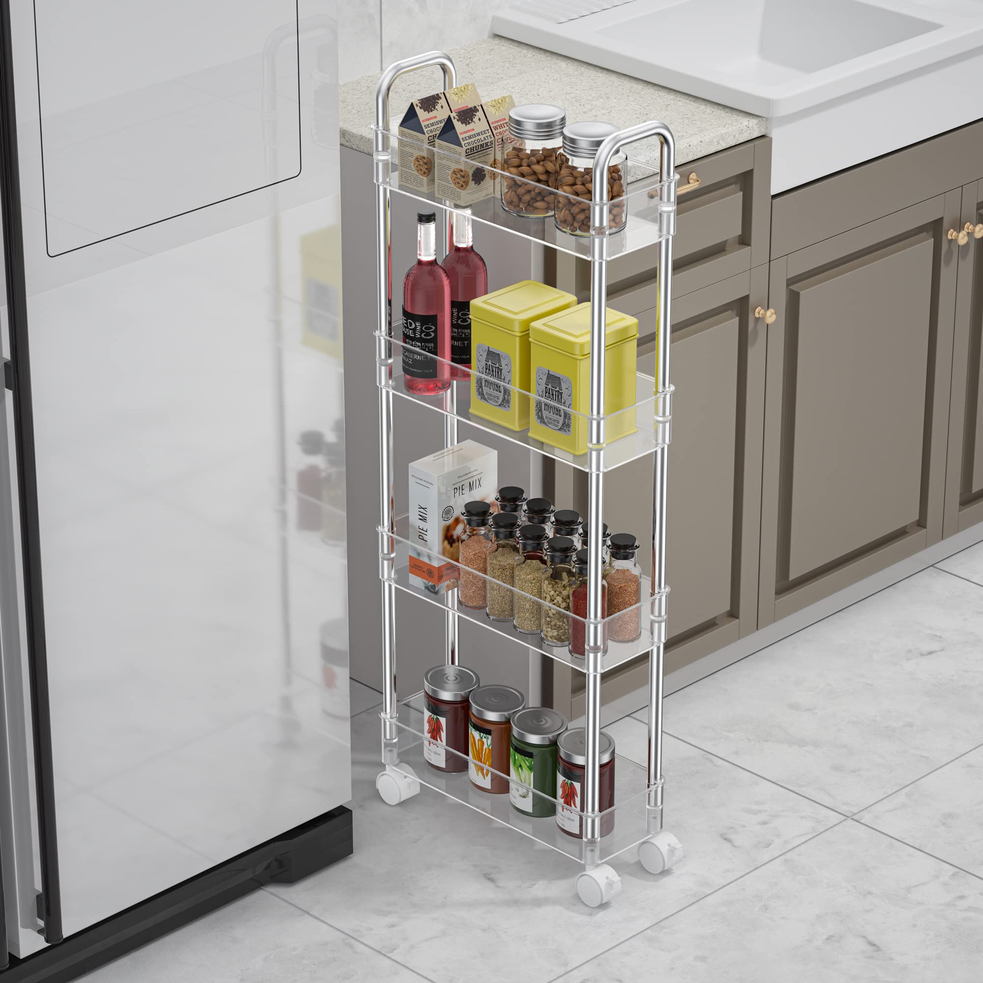 Tesoin Under Sink Organizers And Storage,4 Tier Clear Movable Slim Rolling Storage Cart Bathroom Organizer Under Cabinet Storage