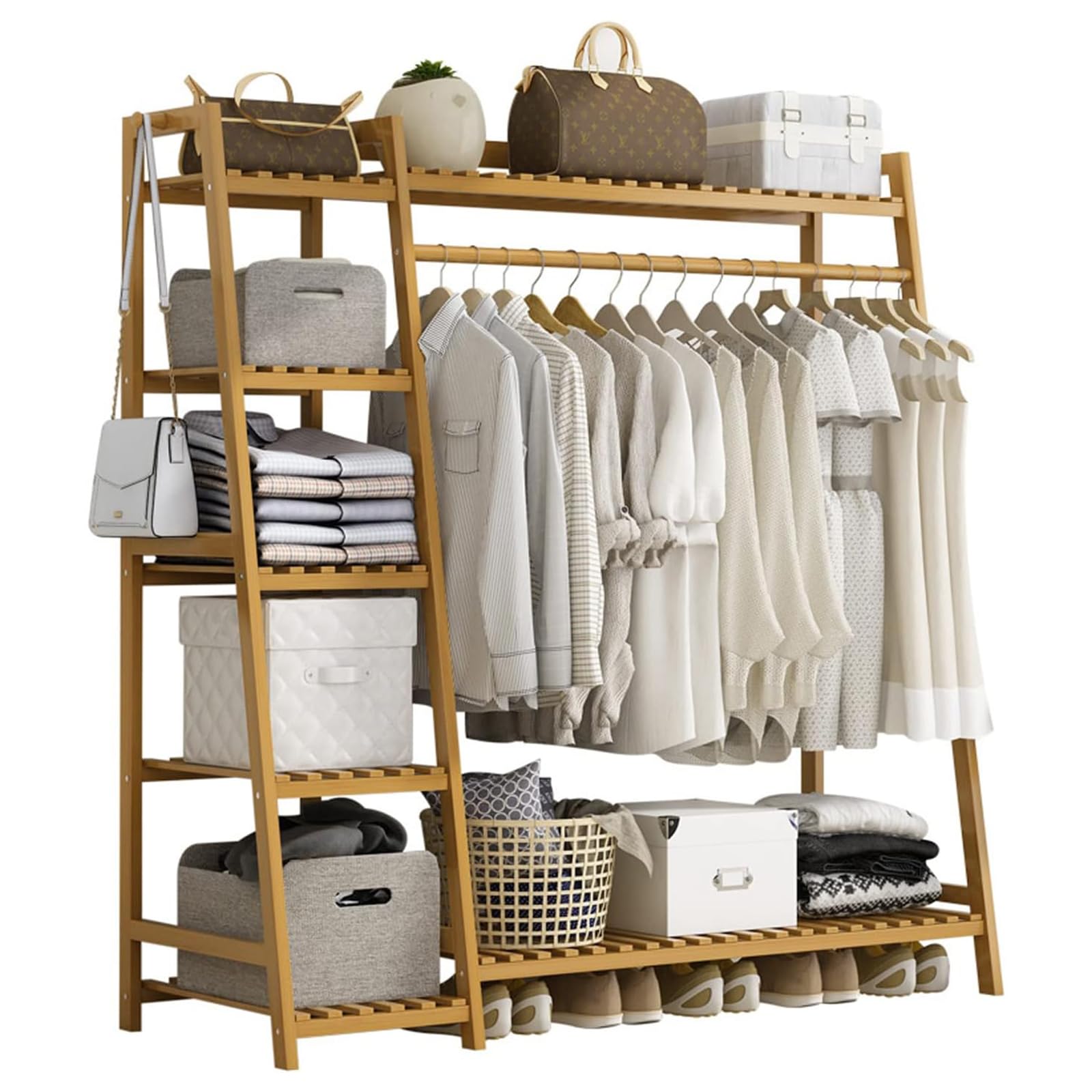 Baveke Bamboo Clothing Garment Rack 7 Tier Storage Shelf Coat Clothes Hanging Rack, Portable Wardrobe Closet Organizer With Top