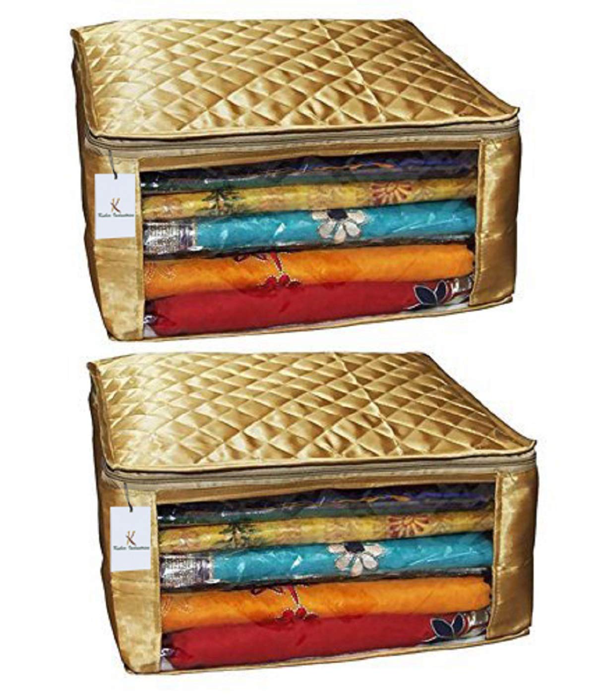 Kuber Industries Saree Cover Set Of 2 Pcs Large Size In Golden Satin Wedding Gift