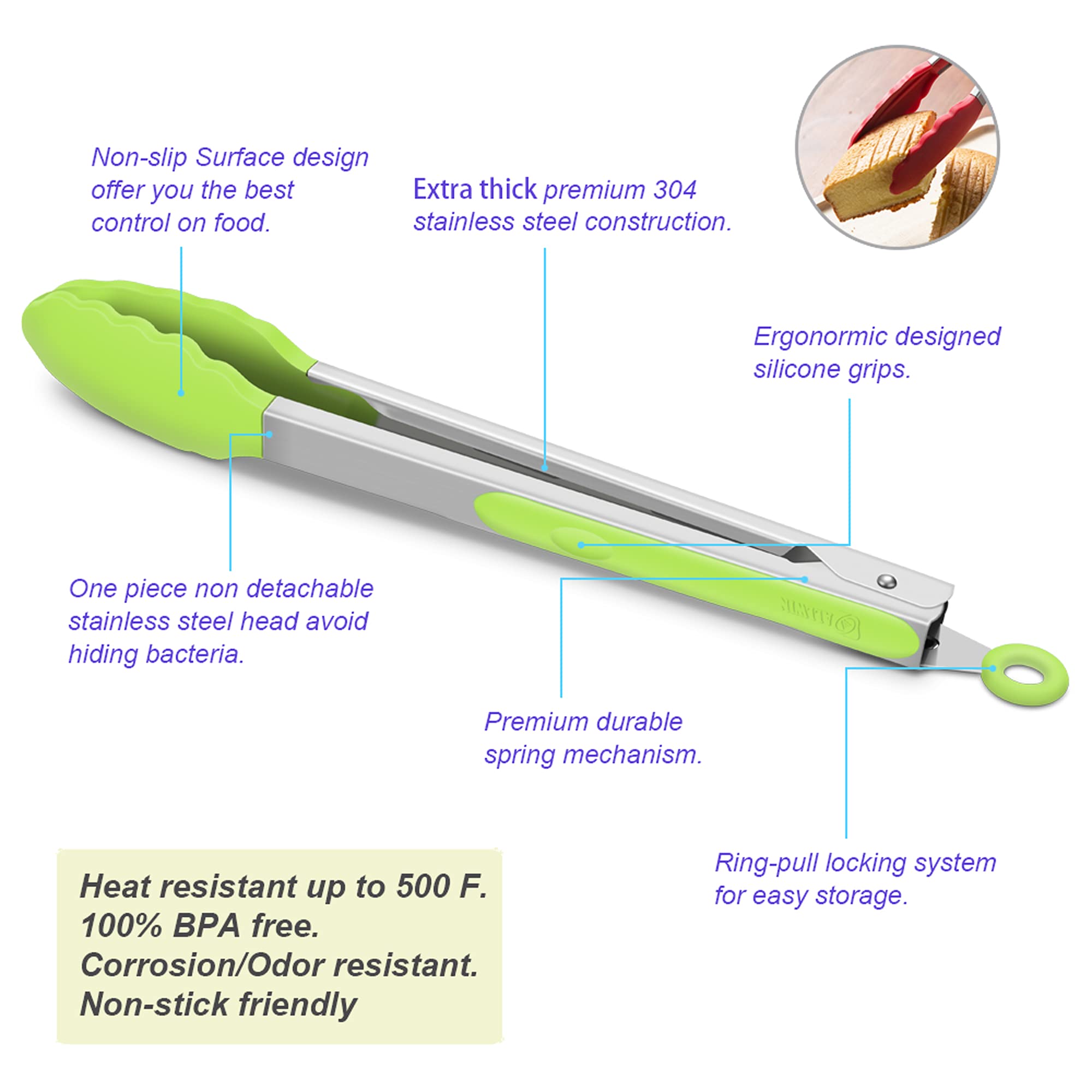 4 Pack Green Kitchen Tongs, Premium Silicone Bpa Free Non-Stick Stainless Steel Bbq Cooking Grilling Locking Food Tongs, 9-Inch