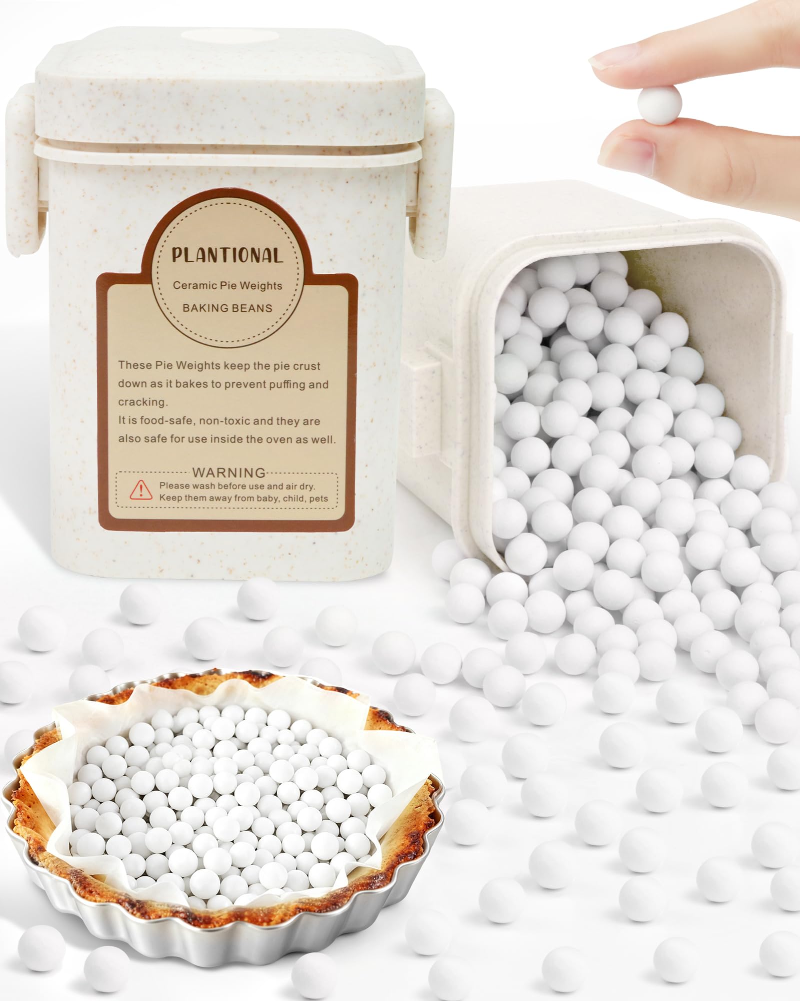 PLANTIONAL Ceramic Pie Weights, 1.5 Lb Reusable 10mm Baking Beads with Wheat Straw Container, Natural Ceramic Stoneware Baking B