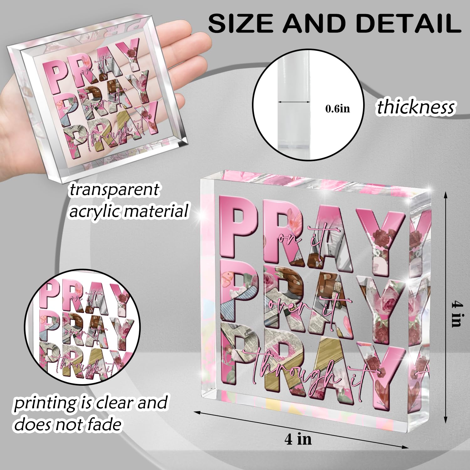 Religious Gifts for Women, Pink Inspirational Decor Pray Over It Bible Verse Art Christian Gifts, 4x 4 Inches Office Desk Access