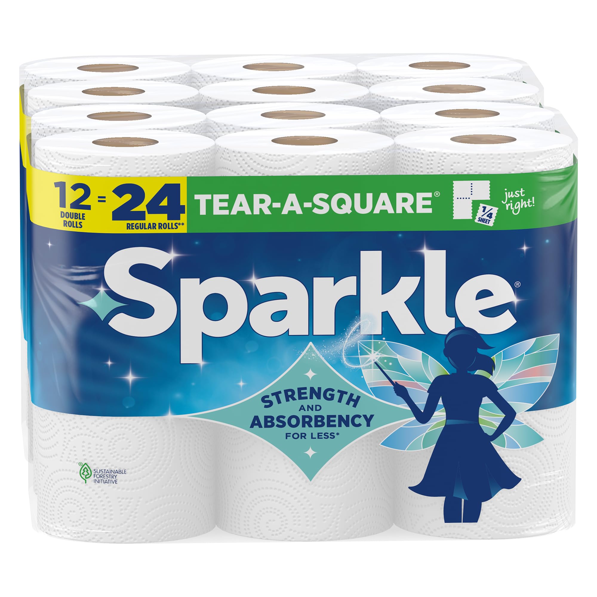 Sparkle Tear-A-Square Paper Towels, 12 Double Rolls - Strong 2-Ply Towels for Kitchen Cleanup and Everyday Messes