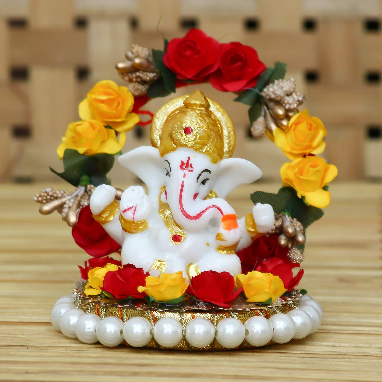 Ecraftindia Resin Lord Ganesha Idol On Decorative Rose Flower Plate- Ganesha Idol For Home Decor Car Dashboard- Ganesha Statue- 