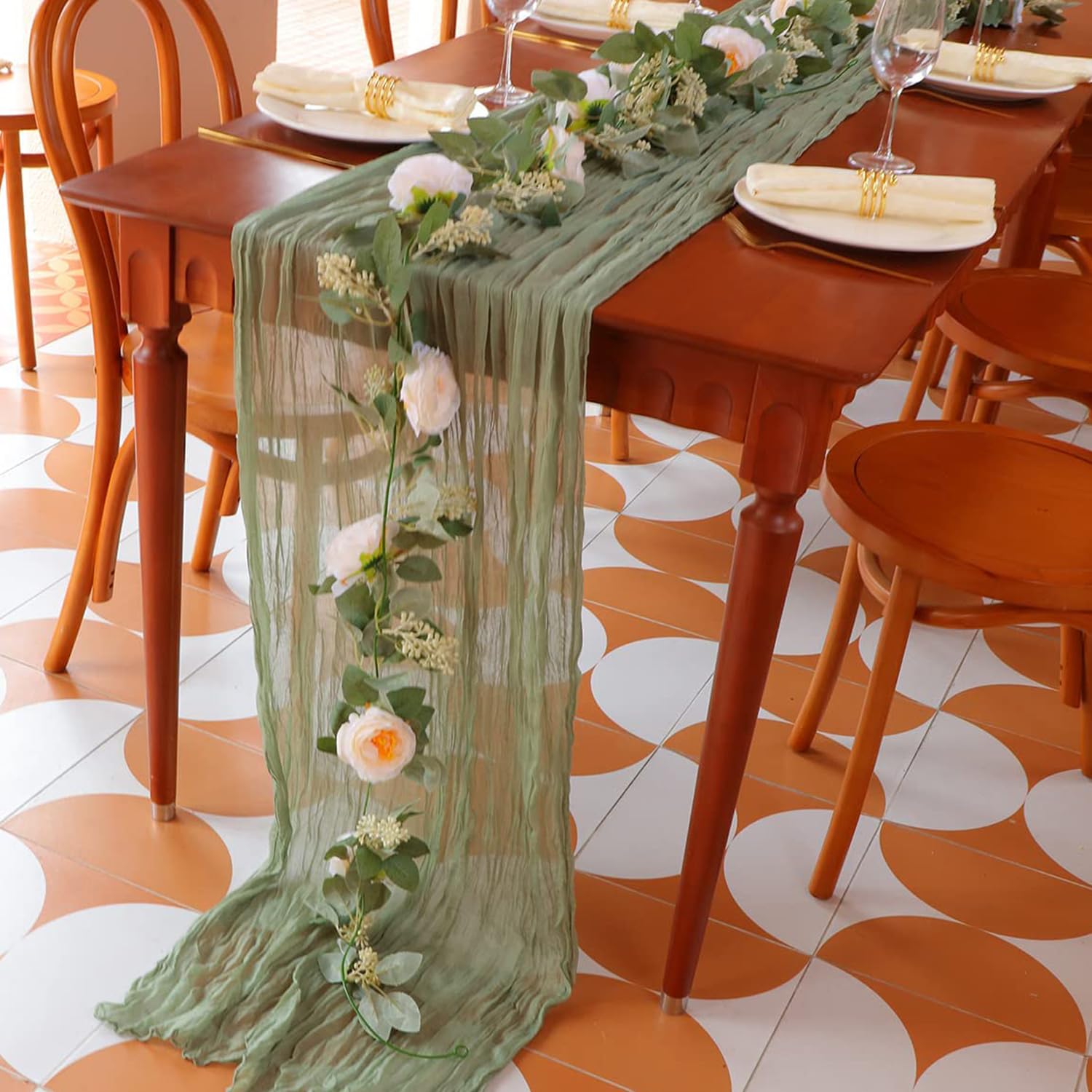 Snowkingdom Sage Green Cheesecloth Table Runner, 120 Inch 10 Ft Rustic Boho Sheer Gauze Cheese Cloth Runner for Wedding Bridal B