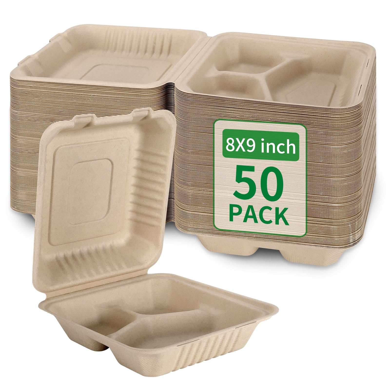 Aricsen 50 Pack 3 Compartment Compostable 8x9 Inch Takeout Lunch Box Containers with Lid To Go Take Out Clamshell for Food, Disp