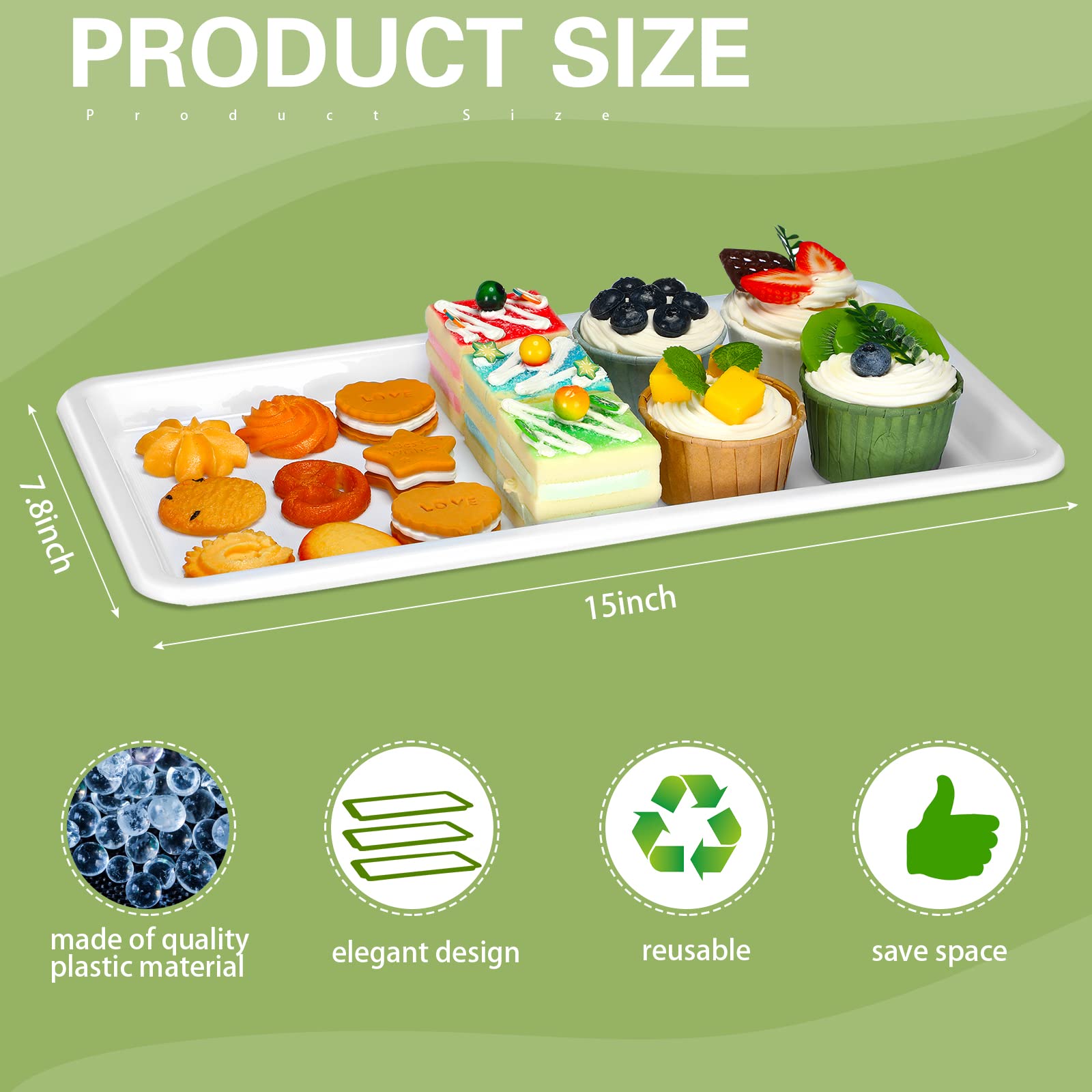 Macarrie 20-Piece White Rectangular Plastic Serving Trays, Disposable, Modern Style, 15 X 8 Inch, For Party Buffet, Wedding, Cat