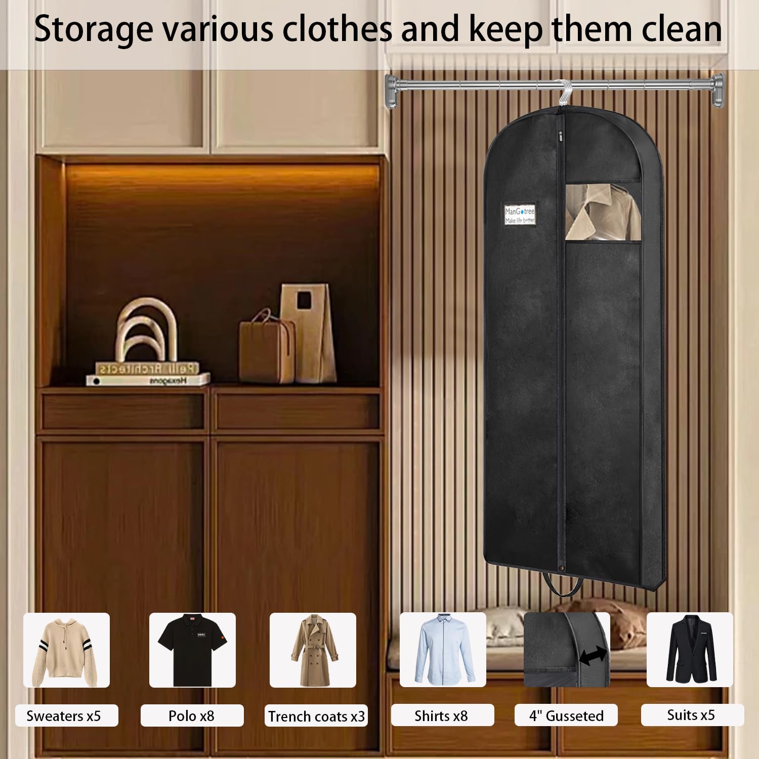Mangotree 54'' Garment Bags, Suit Bags For Closet Storage And Travel, Portable Garment Covers With Handle, Nonwoven Breathable C