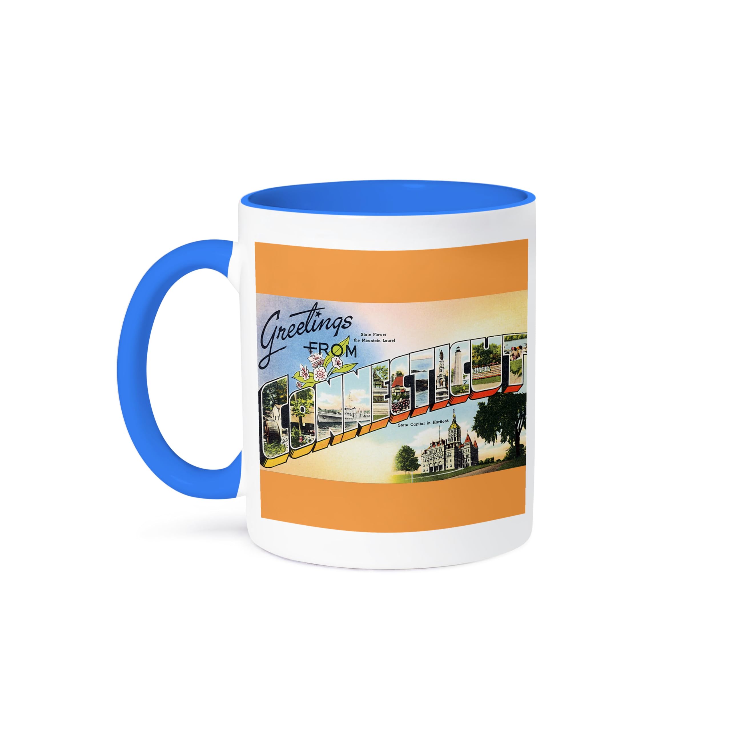 3dRose Greetings from Connecticut Scenic Postcard with State Flower Two Tone Mug, 11 oz, Blue