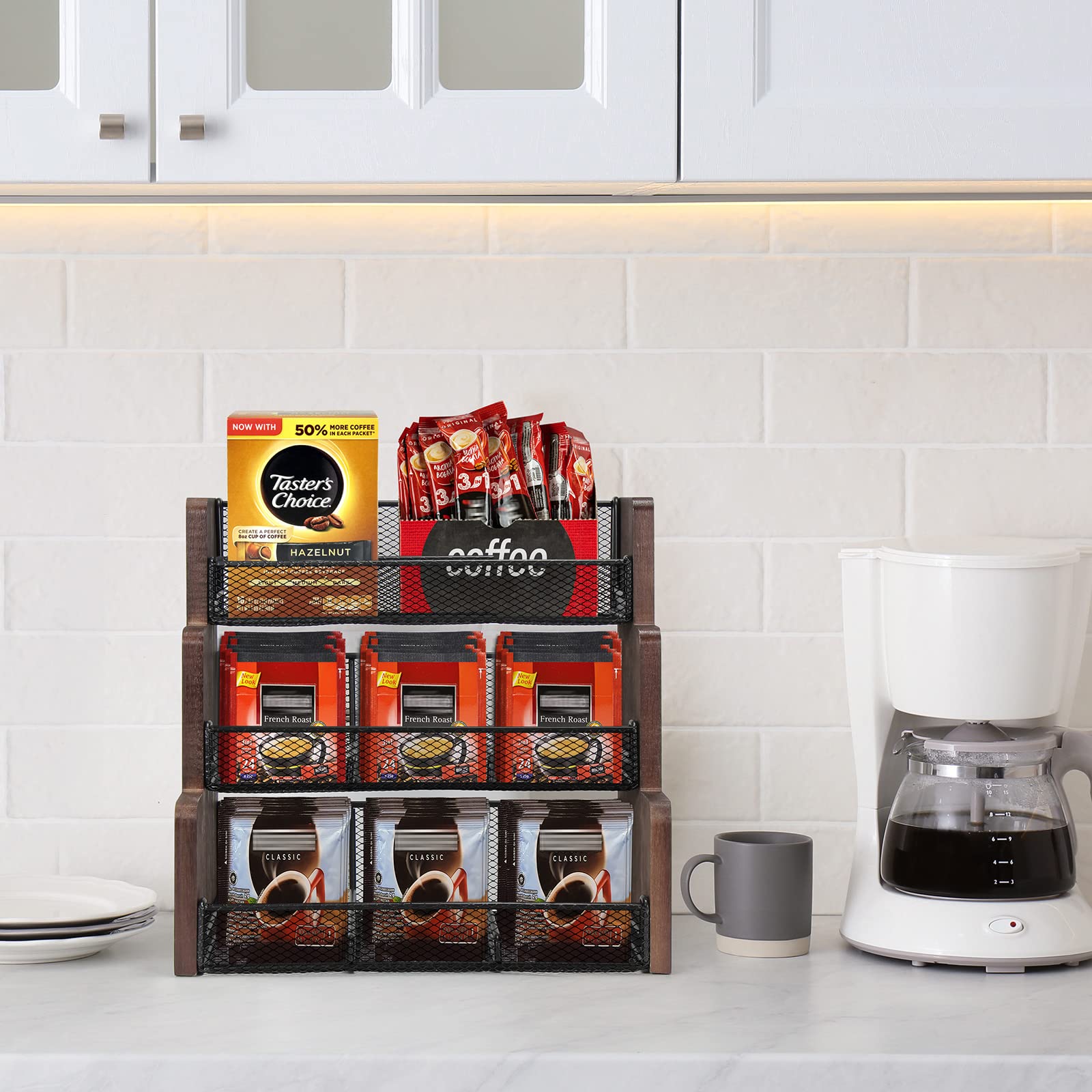 Tj.Moree Tea Bag Organizer 3 Tier Tea Storage, Solid Wood Tea Storage Chests For Kitchen, Office, Countertop, Cabinet Pantry, Te