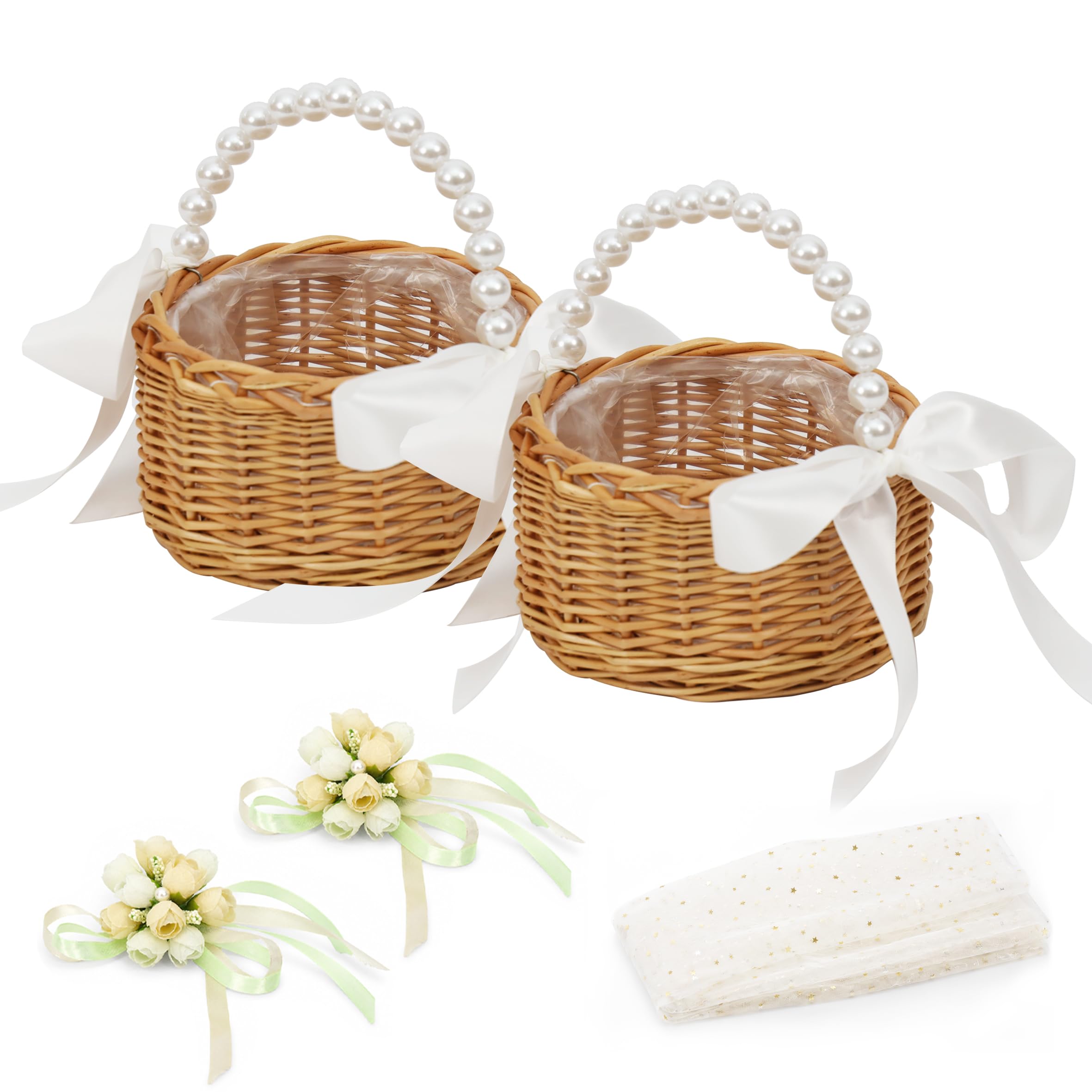 2 Pack Rattan Small Flower Girl Basket for Wedding Flower Girl