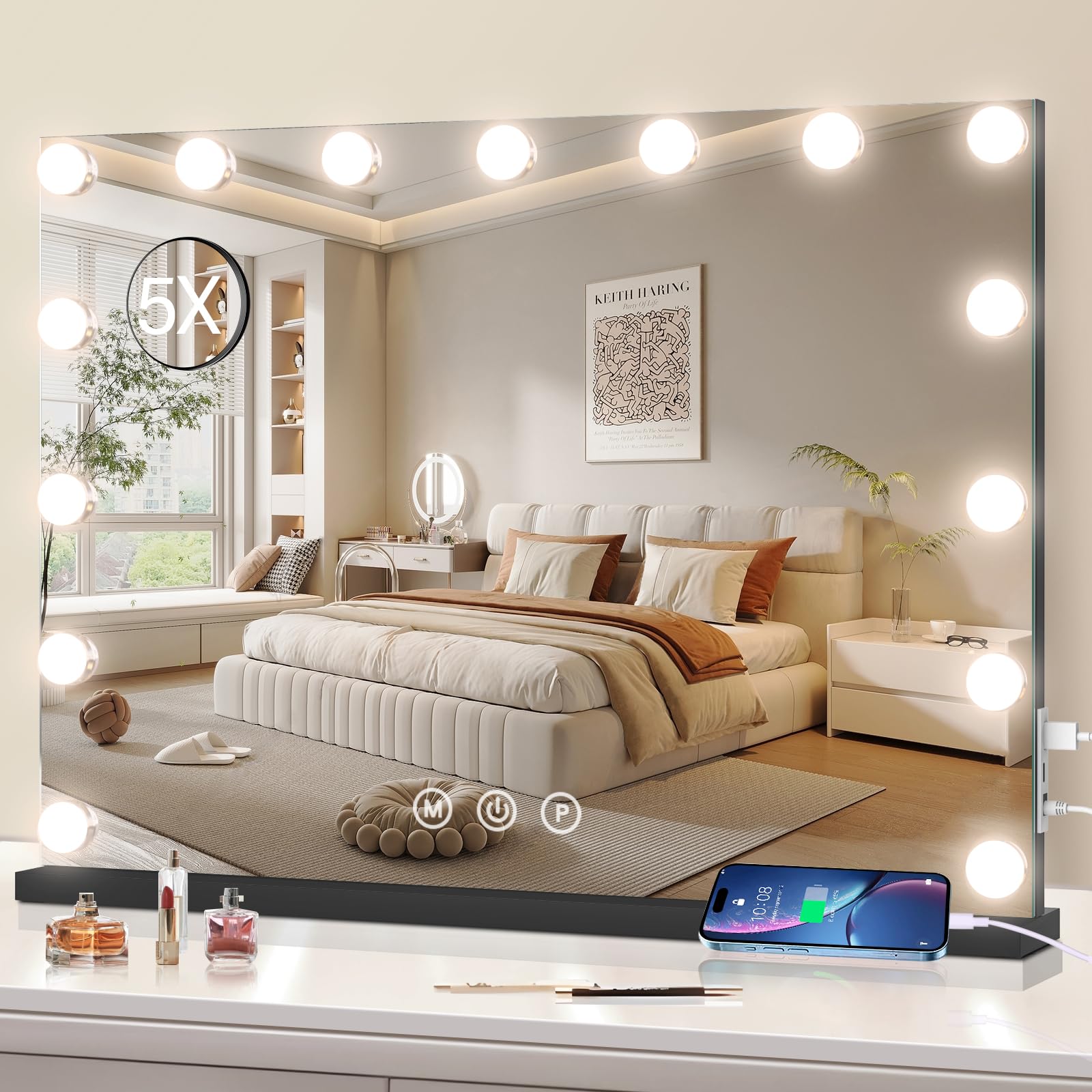 halumao Vanity Makeup Mirror with Lights, 22.8 x 19 Large Light Up Mirror with Smart Touch 3 Colors Dimmable Black