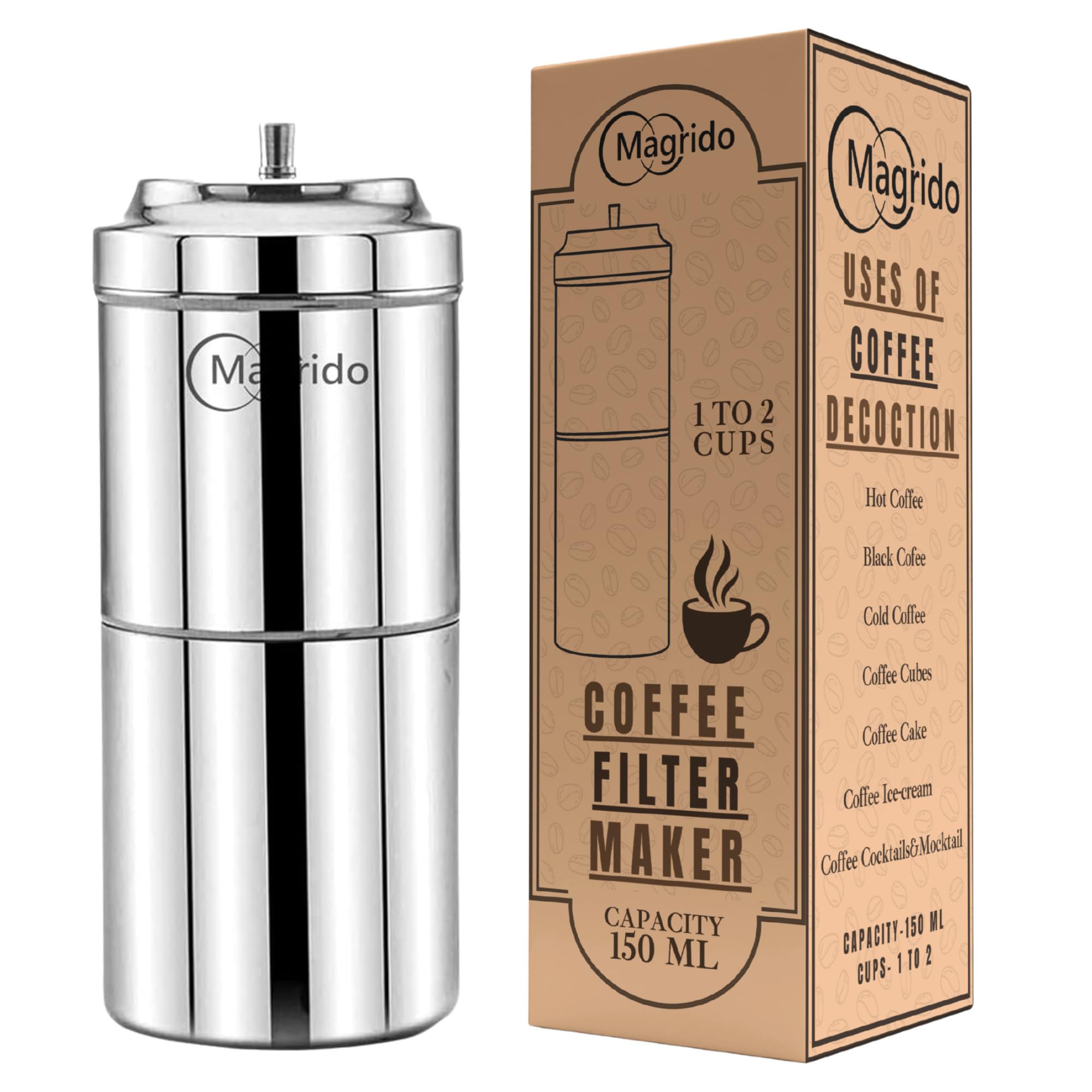Magrido South Indian Filter Coffee Maker 150Ml | Stainless Steel Traditional Drip Kaapi/Kappi Maker | Makes 1-2 Cups | Decoction