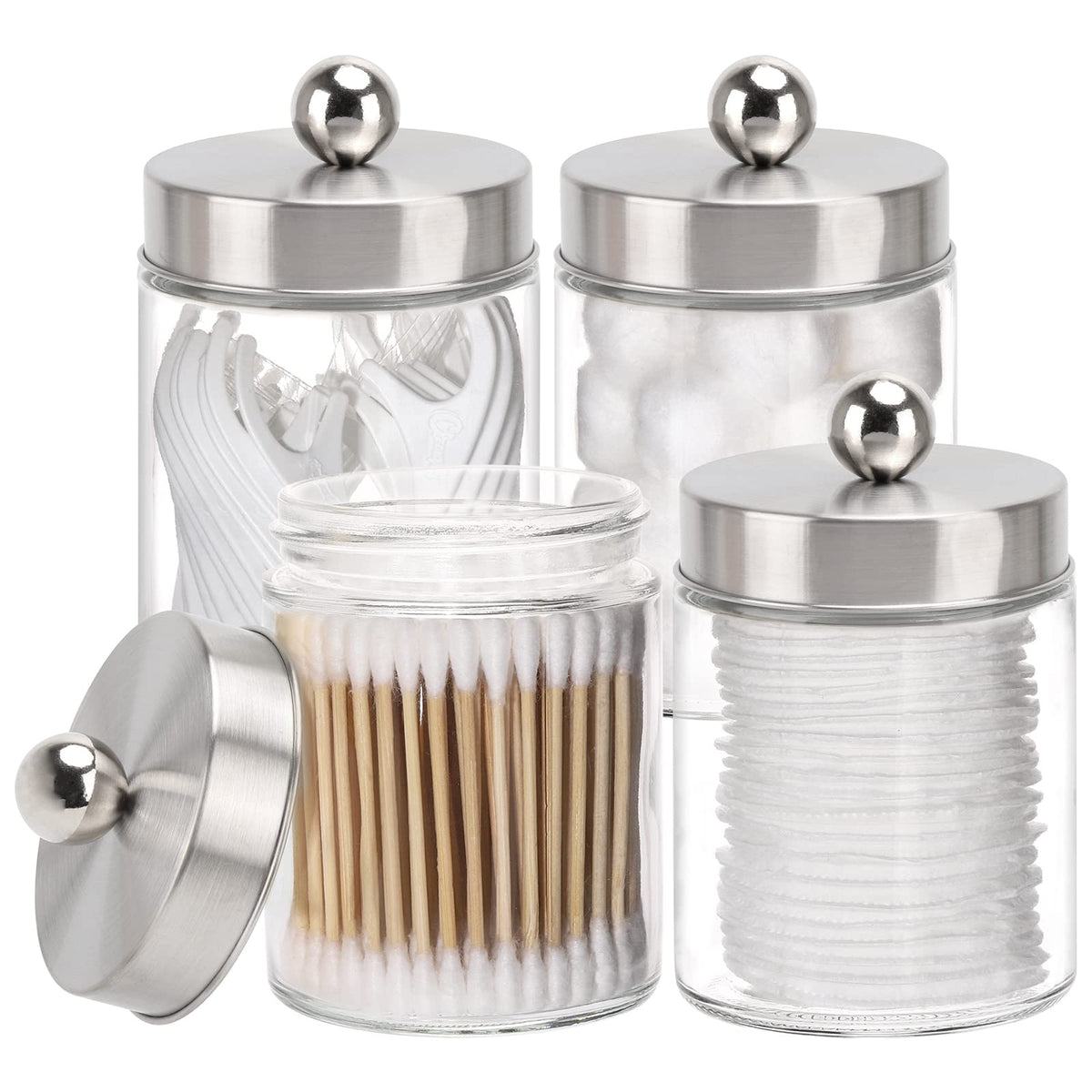 Tbestmax Glass Qtip Holder Dispenser, 10-Ounce Bathroom Containers Apothecary Jars With Metal Lids For Cotton Ball Swab Pad (4 P