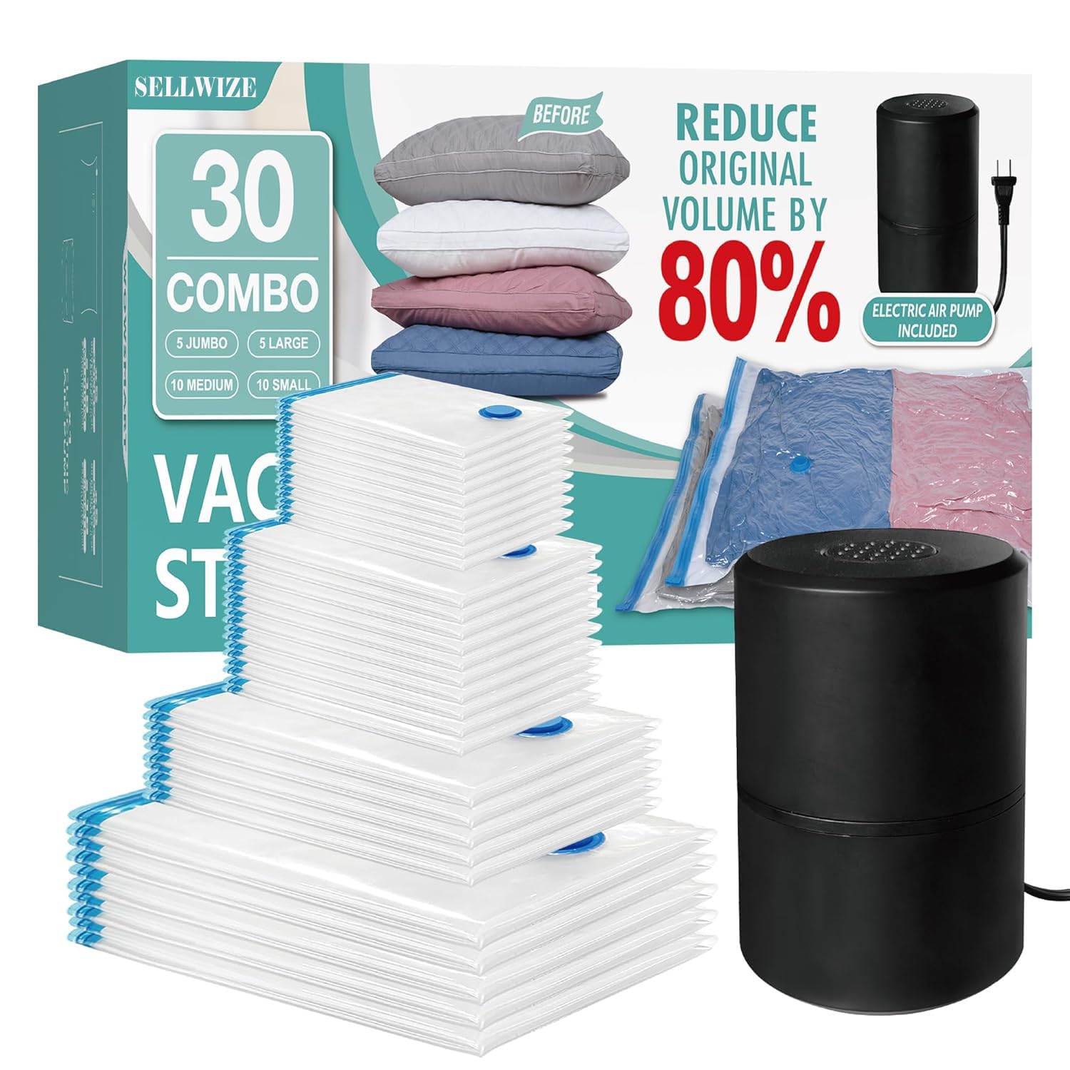 Sellwize 30 Vacuum Storage Bags With Electric Pump, Vacuum Sealed Storage Bags (5Jumbo/5Large/10Medium/10Small), Space Saver Vac