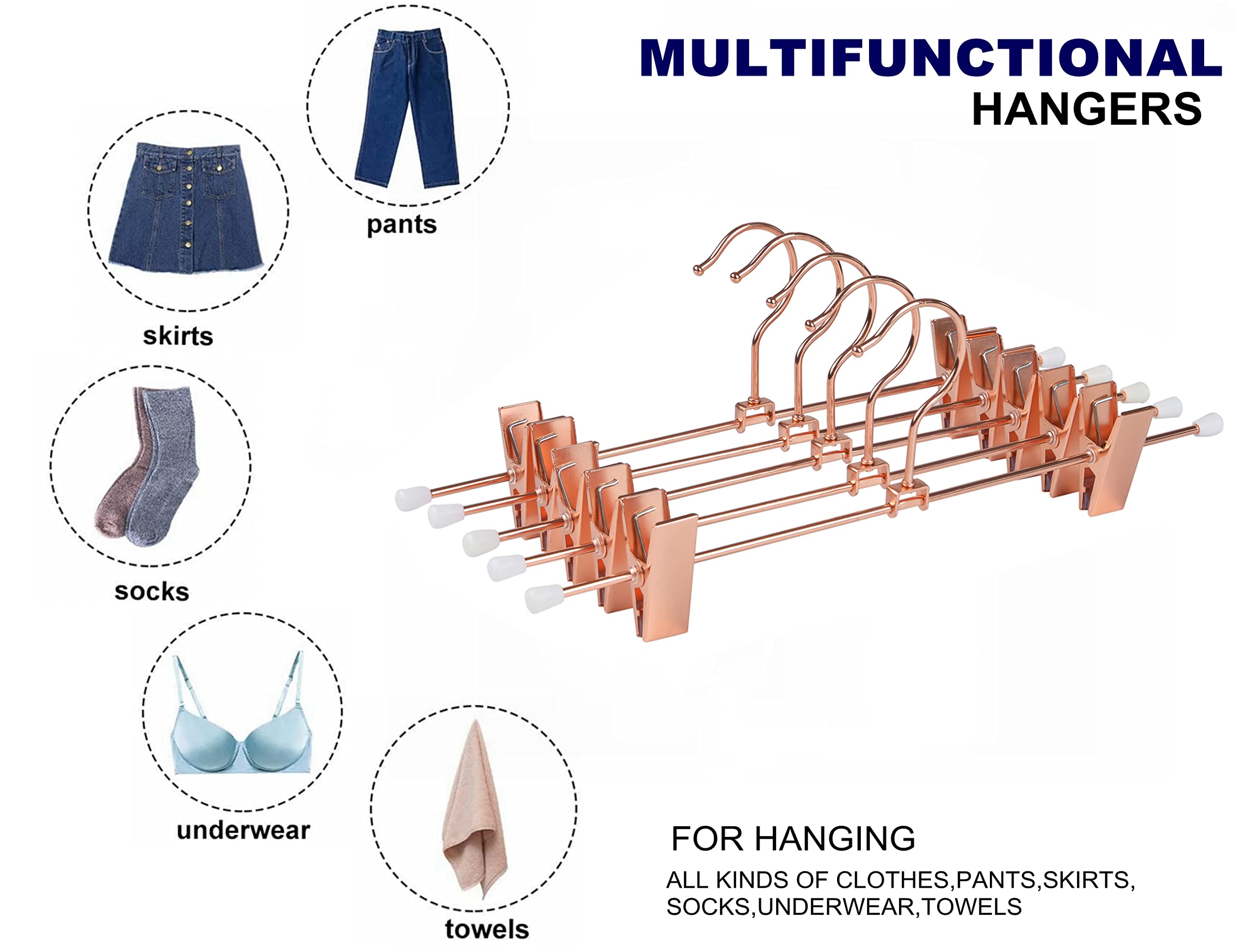Amber Home 24 Pack Rose Copper Gold Metal Pants Skirt Hangers With Clips, Adjustable Clip Metal Trouser Hangers, Clip Hangers Fo