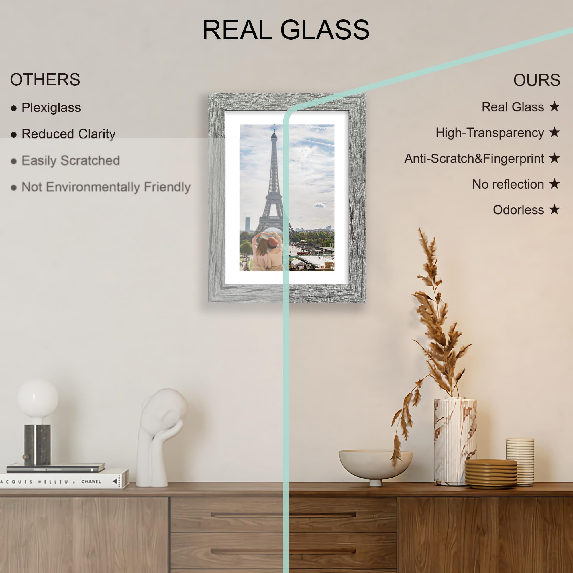 Hongkee 7x10 Picture Frame Set of 4, Made of Real Glass and Grey Frame - Display Picture 5.5x8.5 with Mat or 7x10 Without Mat, 7