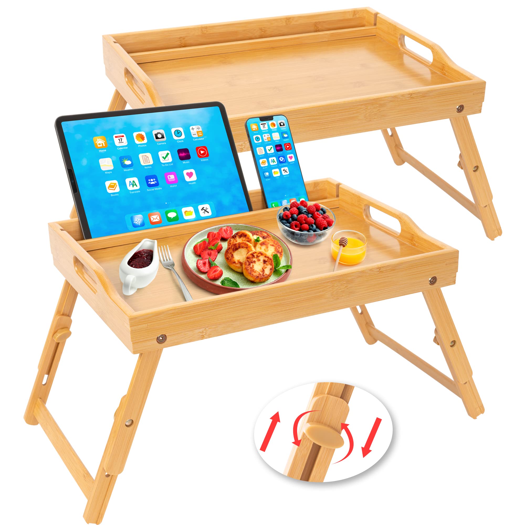 Greenual 2 Pack Bed Tray Table With Handles Folding Legs, Bamboo Breakfast Food Tray With Media Slot, Use As Platter, Laptop Des