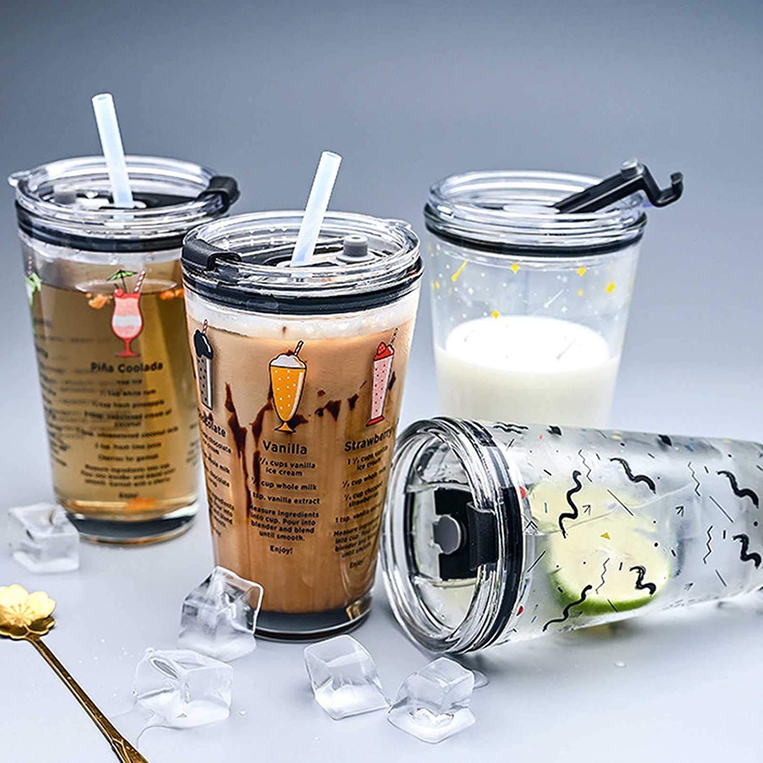 UI Intros 470ml Heat Resistant Glass Cup Sipper Transparent Tumbler Coffee Mug with Lid & Flexible Rubber Straw Unisex Milk, Jui