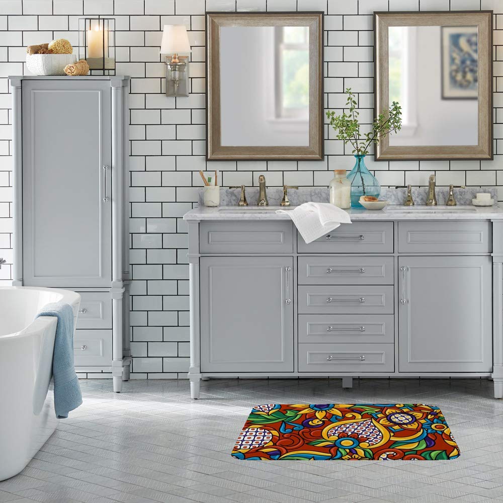Bath Rug Bathroom Mat Rug Non-Slip Water Absorbent Coral Velvet Shower Machine Washable Memory Foam Mexican Talavera Ethnic Folk