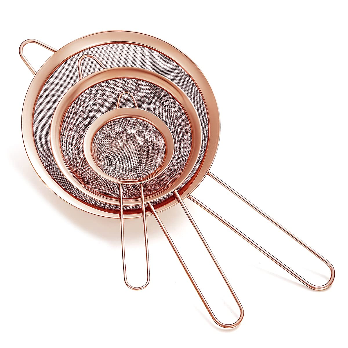 Copper Fine Mesh Strainer 3 Pieces Set, Rose Gold Flour Sifter For Baking, Stainless Steel Clander, Copper Matcha Tea Strainer,
