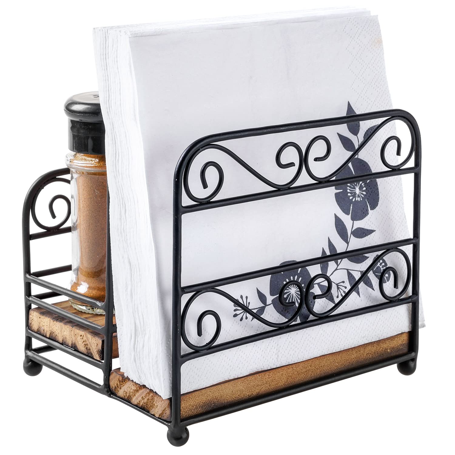 Mygift 2-In-1 Disposable Napkin And Salt & Pepper Caddy, Black Metal Vintage Scrollwork Dinner Table Paper Towel Condiment Holde