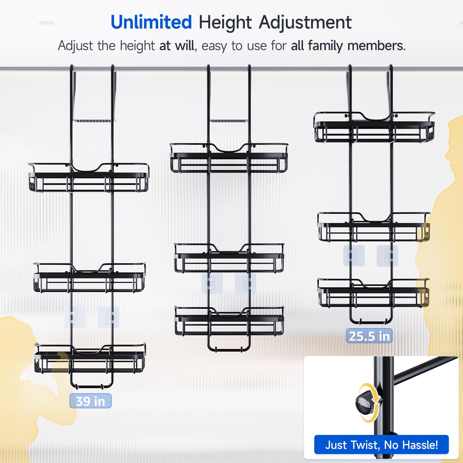 Shower Caddy Over The Door Organizer: Bath Rack Hanging Over Glass With Hooks - Storage Shelf Inside Bathroom For Shampoo - Matt