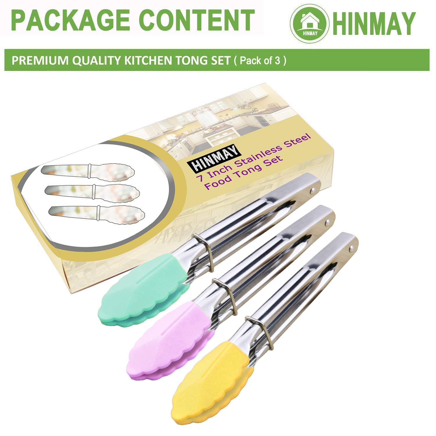 Hinmay Mini Tongs With Silicone Tips 7-Inch Small Serving Tongs, Set Of 3 (Pink Mint Yellow)