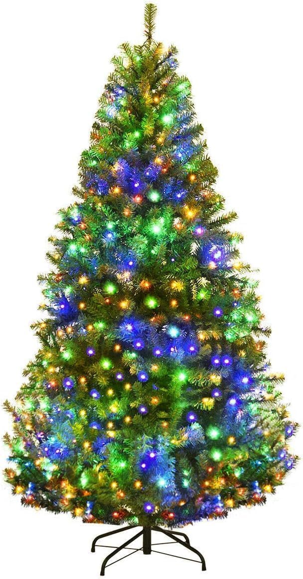 Goplus 6FT Pre-Lit Christmas Tree, Artificial Hinged Spruce Xmas Full Tree with 350 LED Multicolor Lights, 11 Flash Modes, 1000 