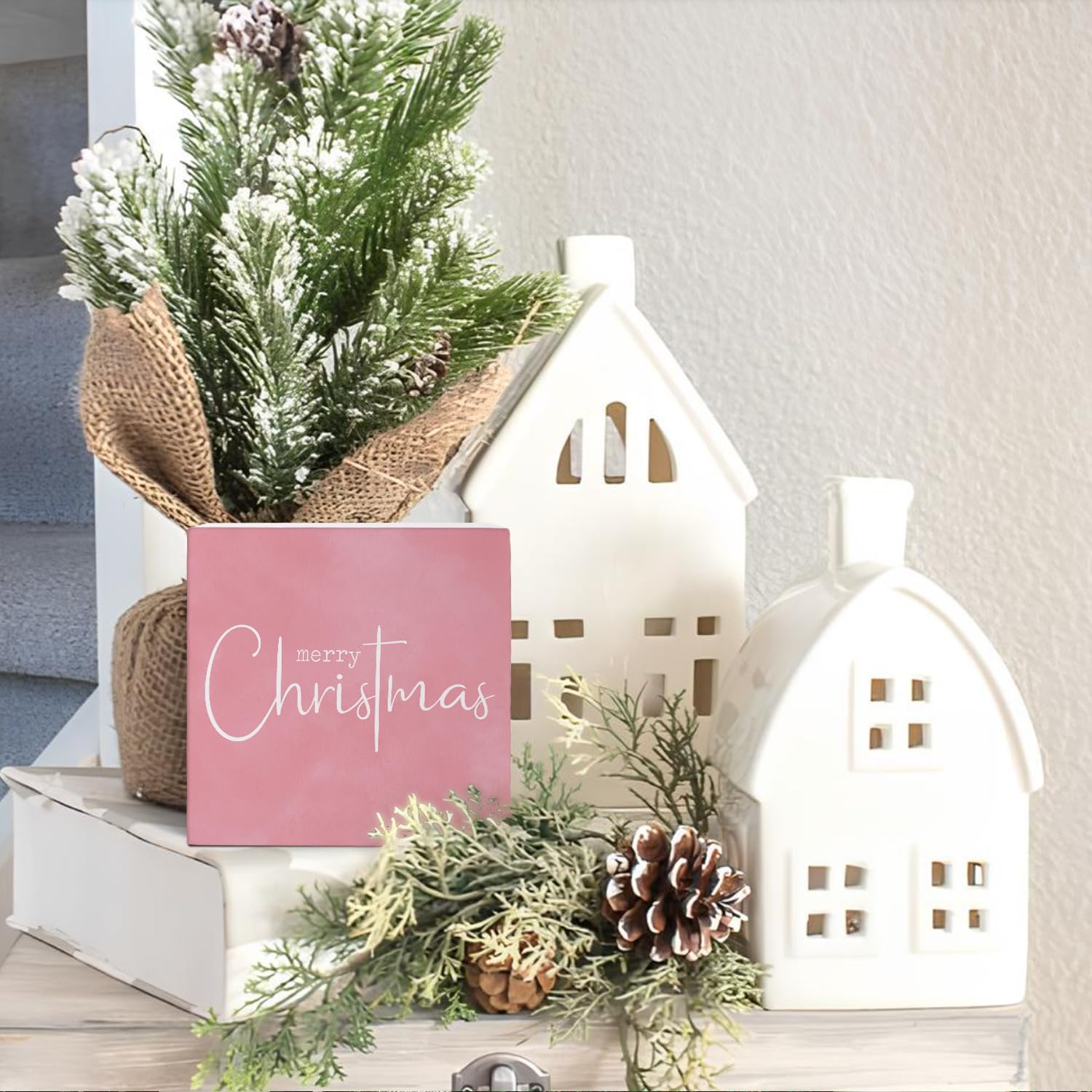 FLVGE Pink Christmas Decor, Pink Christmas Decorations for Home, Merry Christmas Wooden Box Sign Decor, Xmas Holiday Home Decor