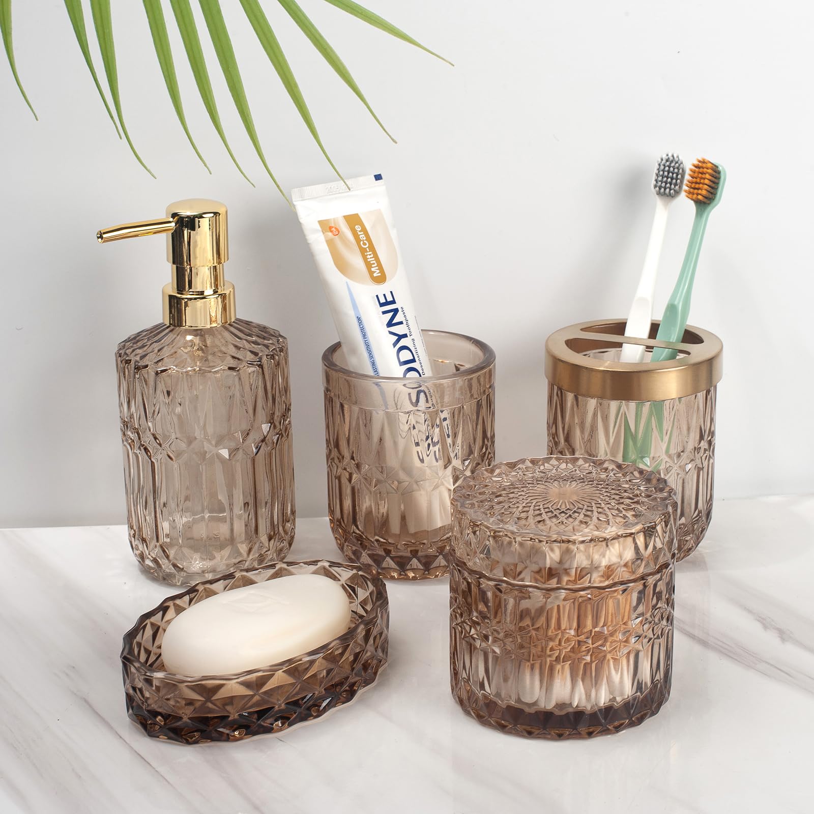Ivailex 5Pcs Amber Brown Glass Bathroom Accessories Sets Of Lotion Dispenser, Soap Dish, Toothbrush Holder, Tumbler, Cotton Swab