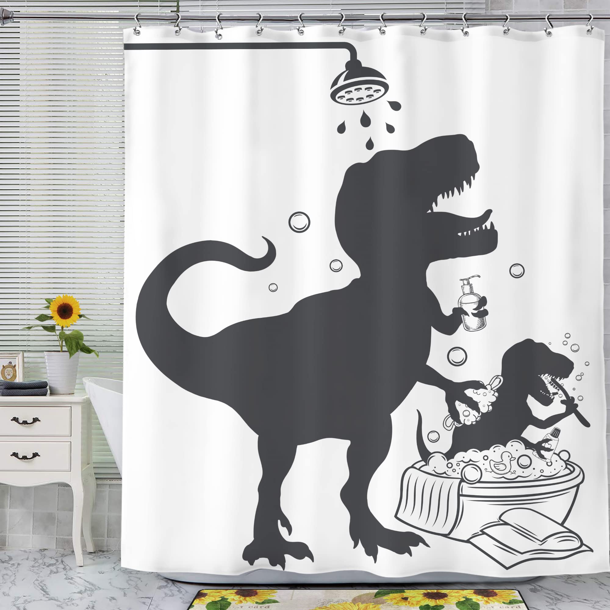 Svbright Kids Funny Dinosaur Shower Curtain 60Wx72L Inch Cartoon Animal Dino Taking Shower Silhouette Shadow Cute Boys Cool 12 P