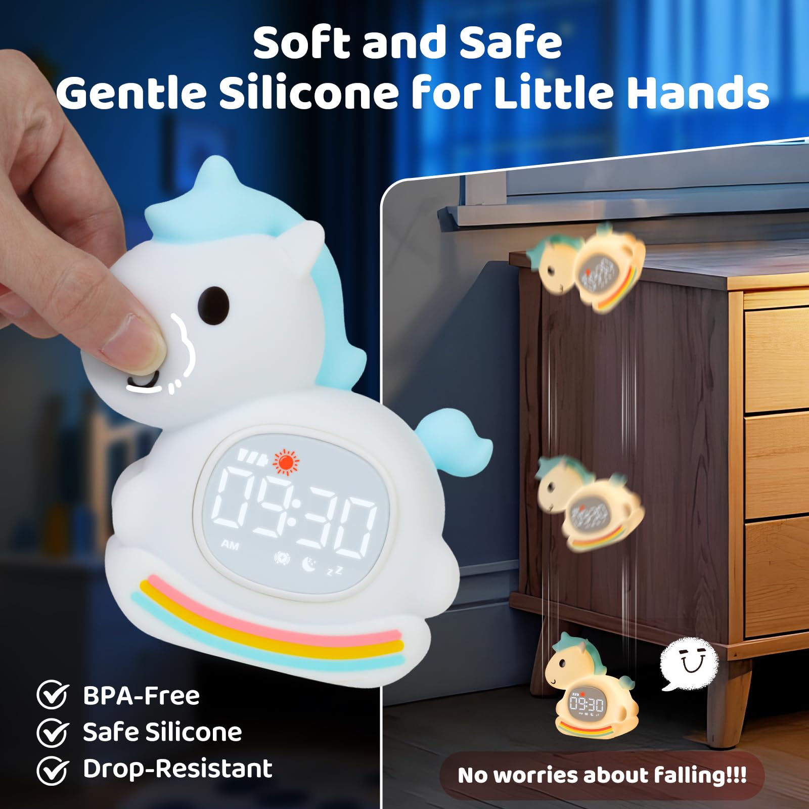 Aokpsrt Alarm Clock with Night Light & Sound Machine, Rechargeable Blue Pony Lamp for Kids, Sleep Training Companion