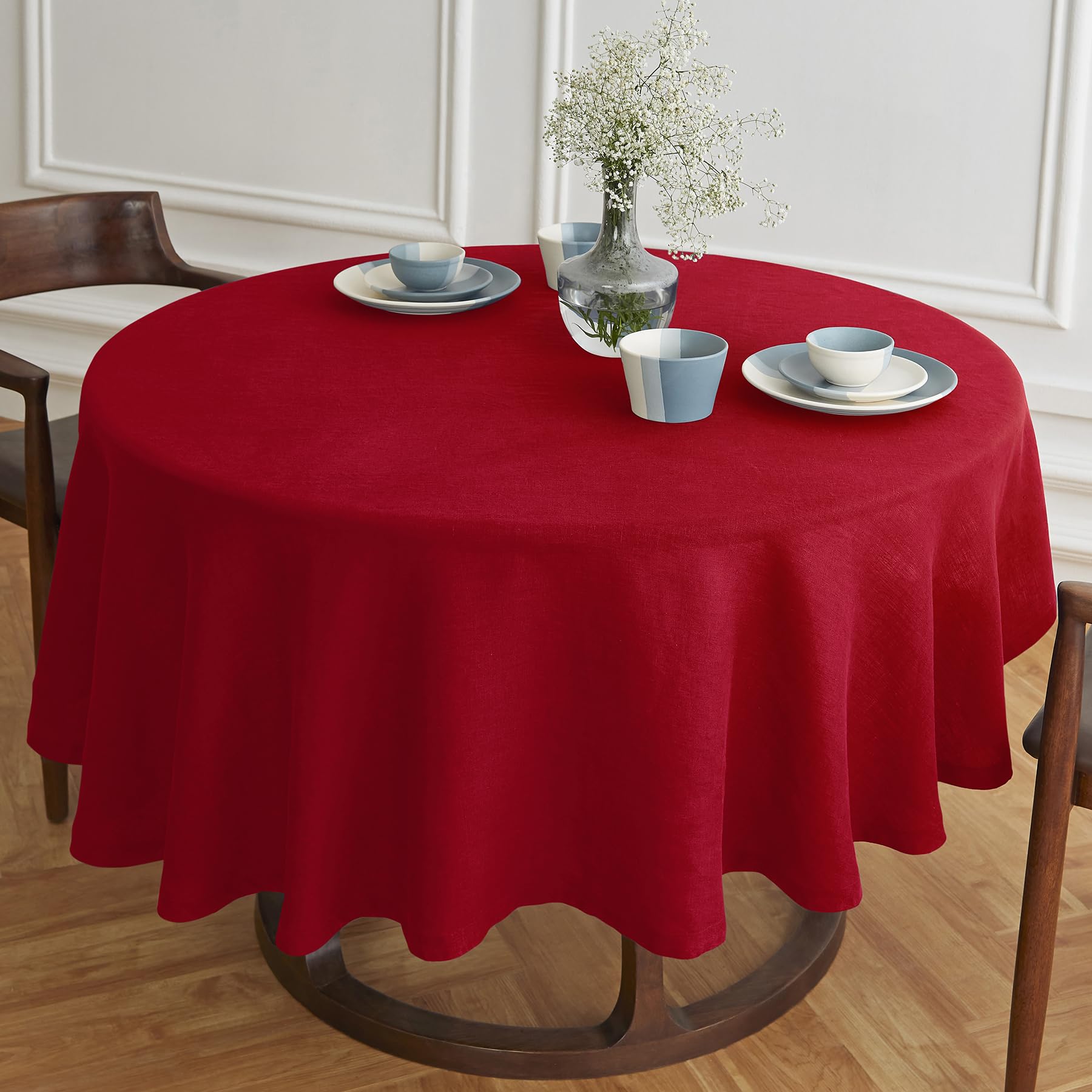 Solino Home Red Linen Round Tablecloth 60 Inch Diameter - Sonoma, 100% Pure Linen Prewashed Table Cloth - Machine Washable Table