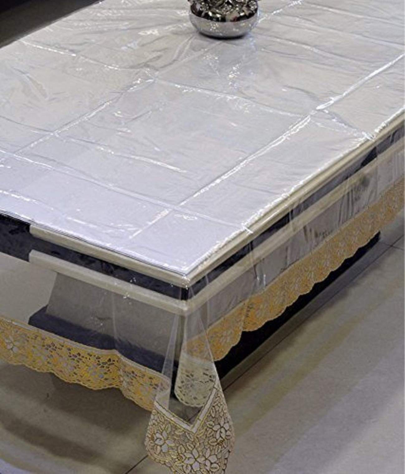 Kuber Industries Transparent Center Table Cover 4 Seater 40 * 60 Inches (Golden Lace)