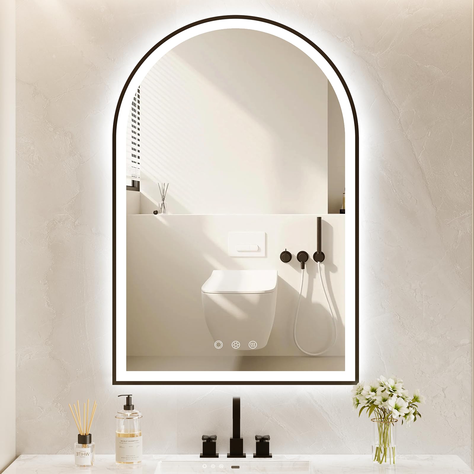 Oumusu Arched Led Bathroom Mirror 20''X30'' With Front And Backlight, Black Bathroom Mirror With Lights-Anti-Fog, Dimmable-Led M