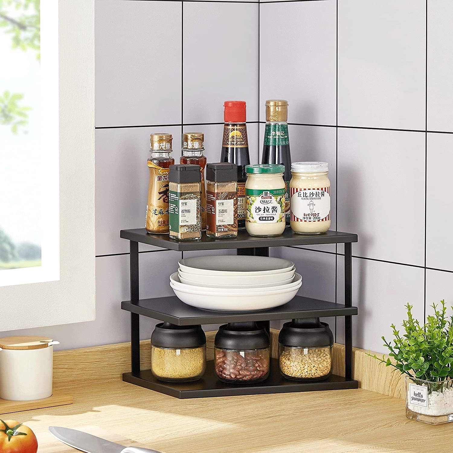 Shiyon Multipurpose 2 Tier Kitchen Corner Organizer Shelf, Metal Spice Rack, Bathroom Countertop Shelves, Cabinet Organizer For 