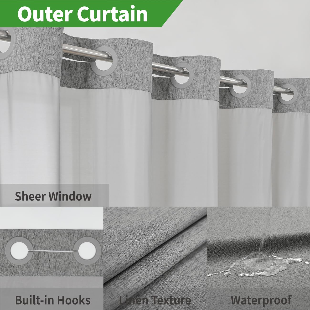 Eachope No Hooks Needed Linen Textured Shower Curtain With Snap-In Fabric Liner Set,Grey Hotel Luxury Decor Shower Curtains For